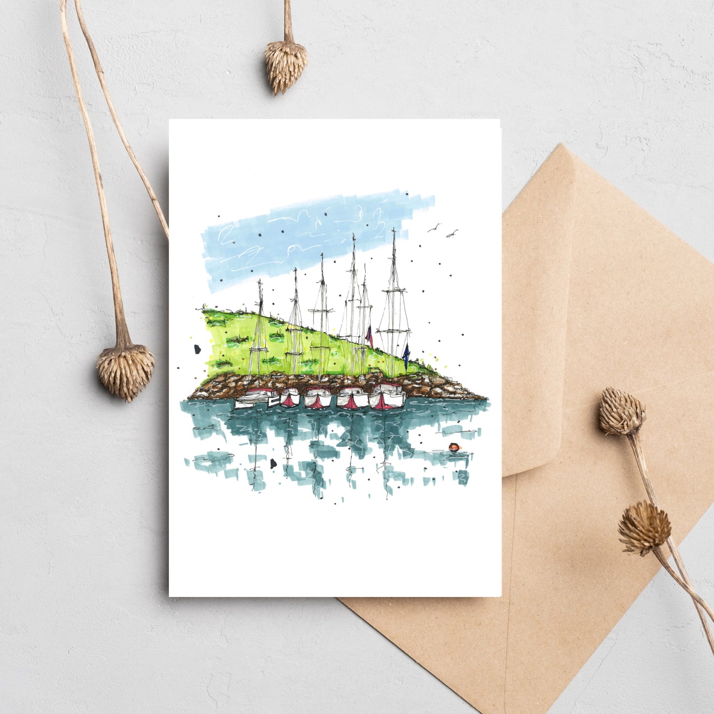 DTS0047 Anchored Sailboats, Greeting Card with Envelope, Downtown Sketcher, Wynand van Niekerk