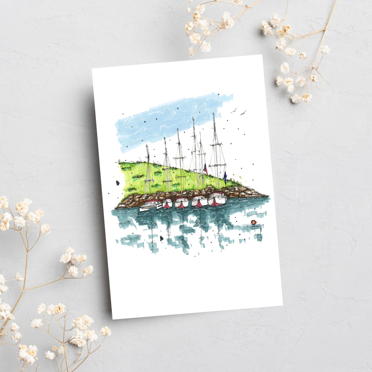 DTS0047 Anchored Sailboats, Greeting Card with Envelope, Downtown Sketcher, Wynand van Niekerk