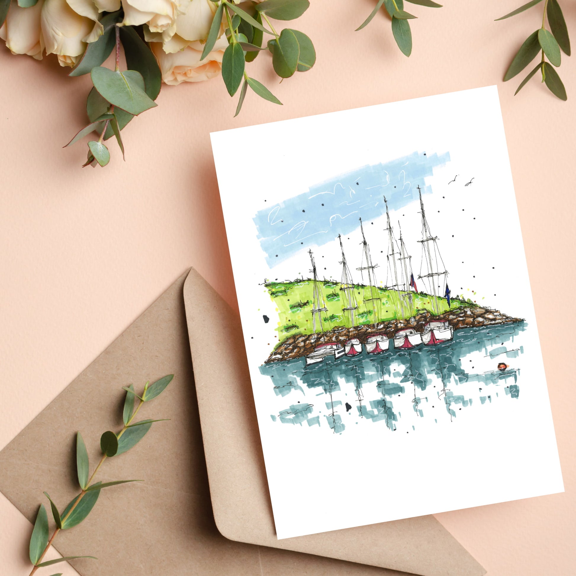 DTS0047 Anchored Sailboats, Greeting Card with Envelope, Downtown Sketcher, Wynand van Niekerk