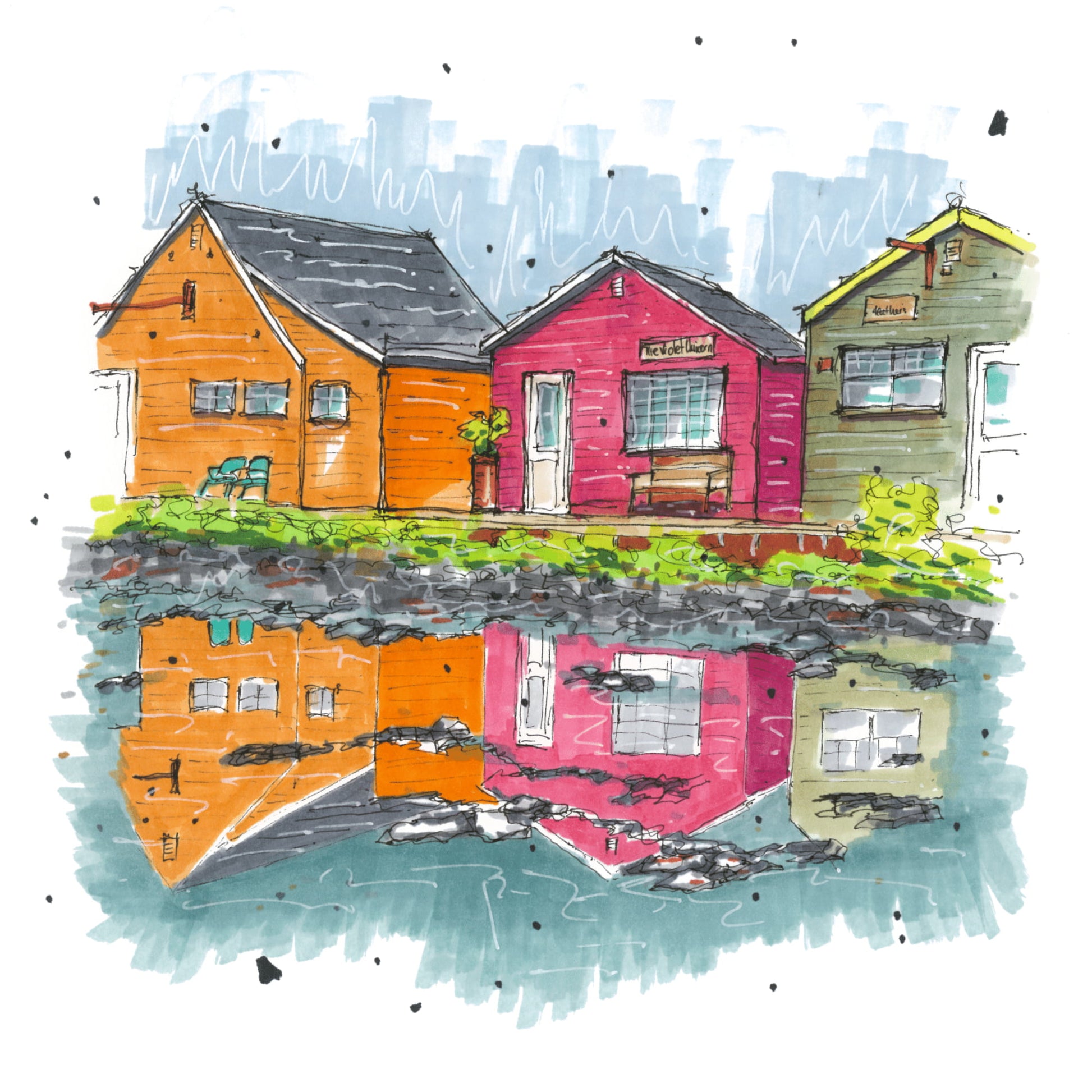 Fisherman's Cove Shop Reflections, Fisherman's Cove, Nova Scotia, Print, Downtownsketcher, Wynand van Niekerk, DTS0053