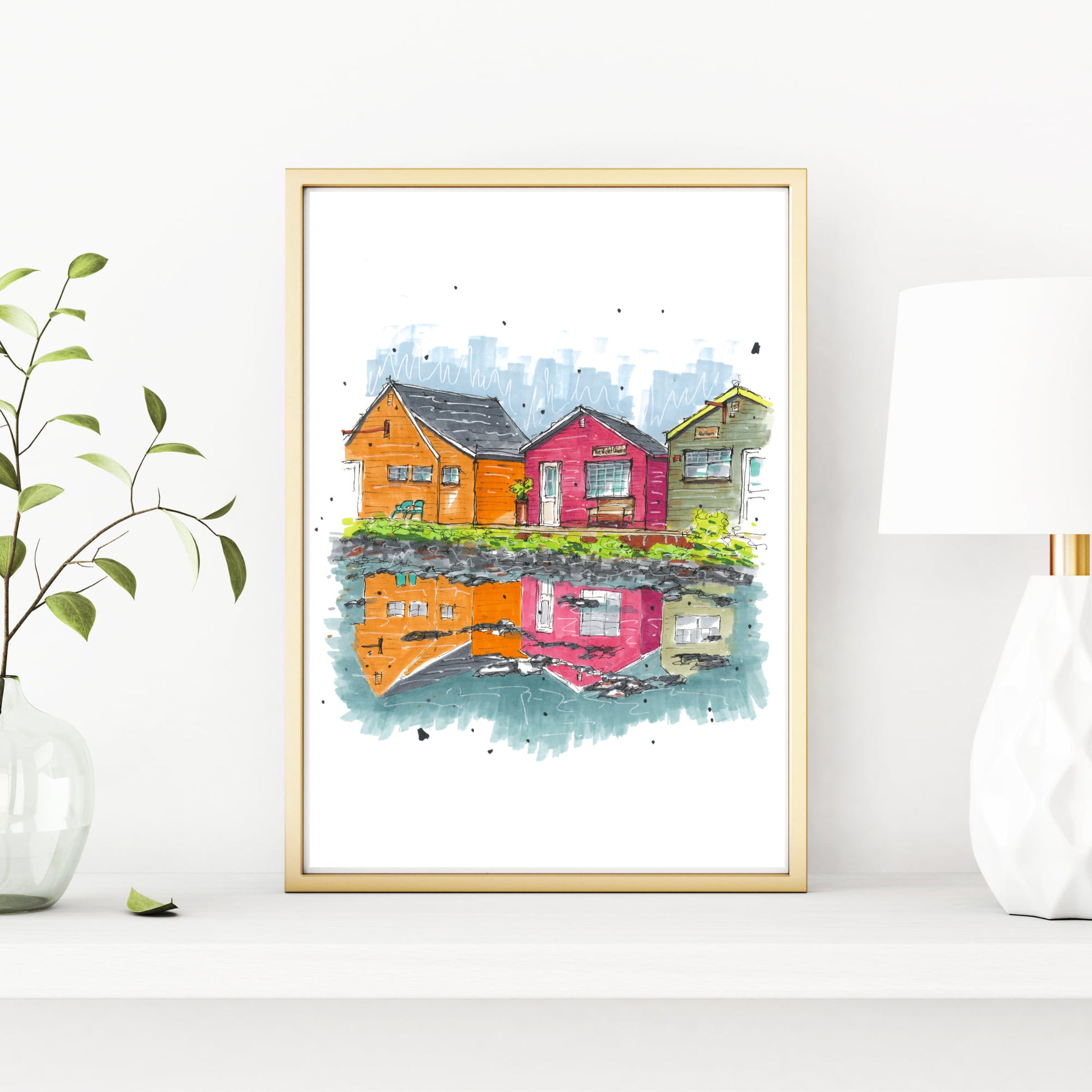 Fisherman's Cove Shop Reflections, Fisherman's Cove, Nova Scotia, Print, Downtownsketcher, Wynand van Niekerk, DTS0053