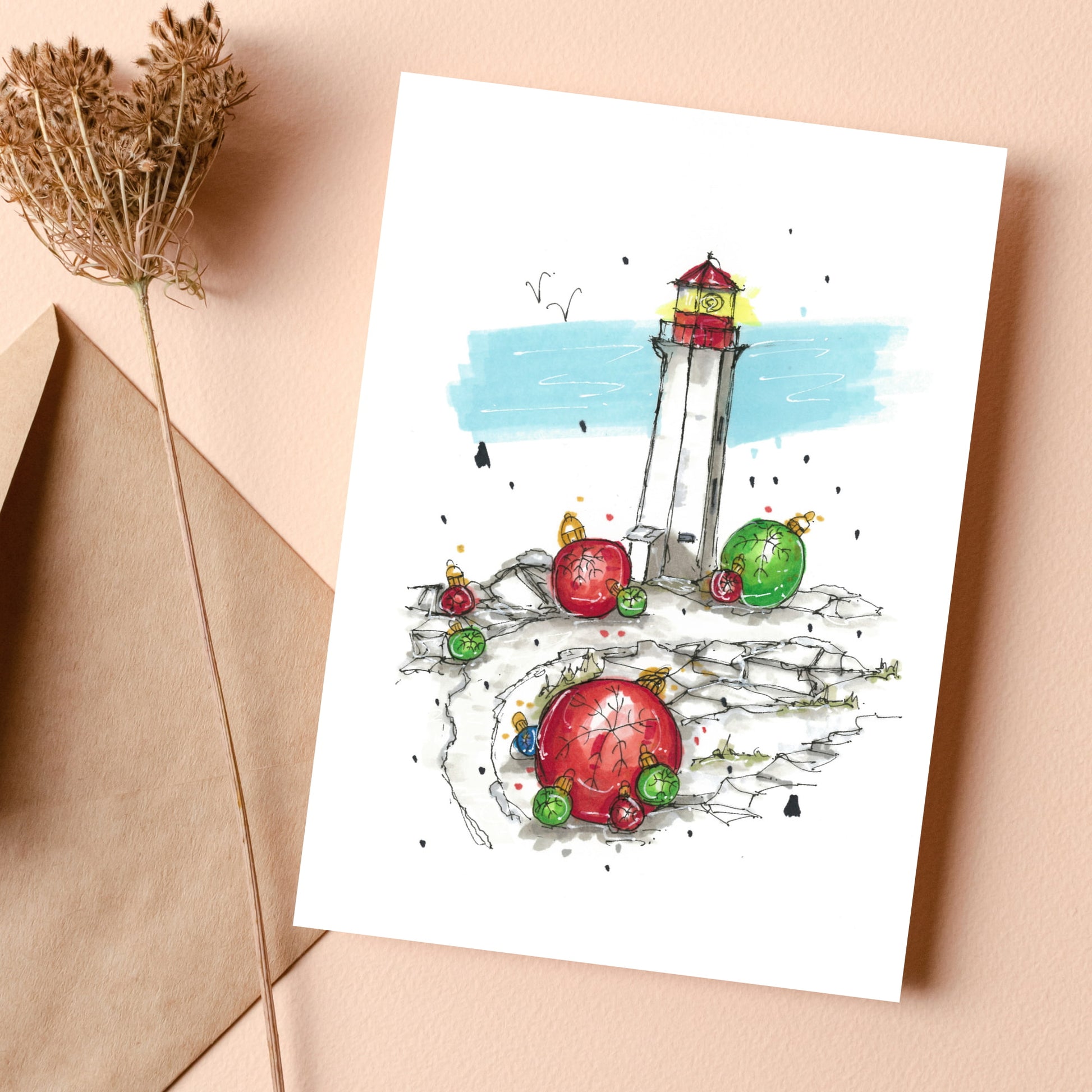 DTS0079 - Peggy's Cove Baubles, Greeting Card with Envelope, Downtown Sketcher, Wynand van Niekerk 