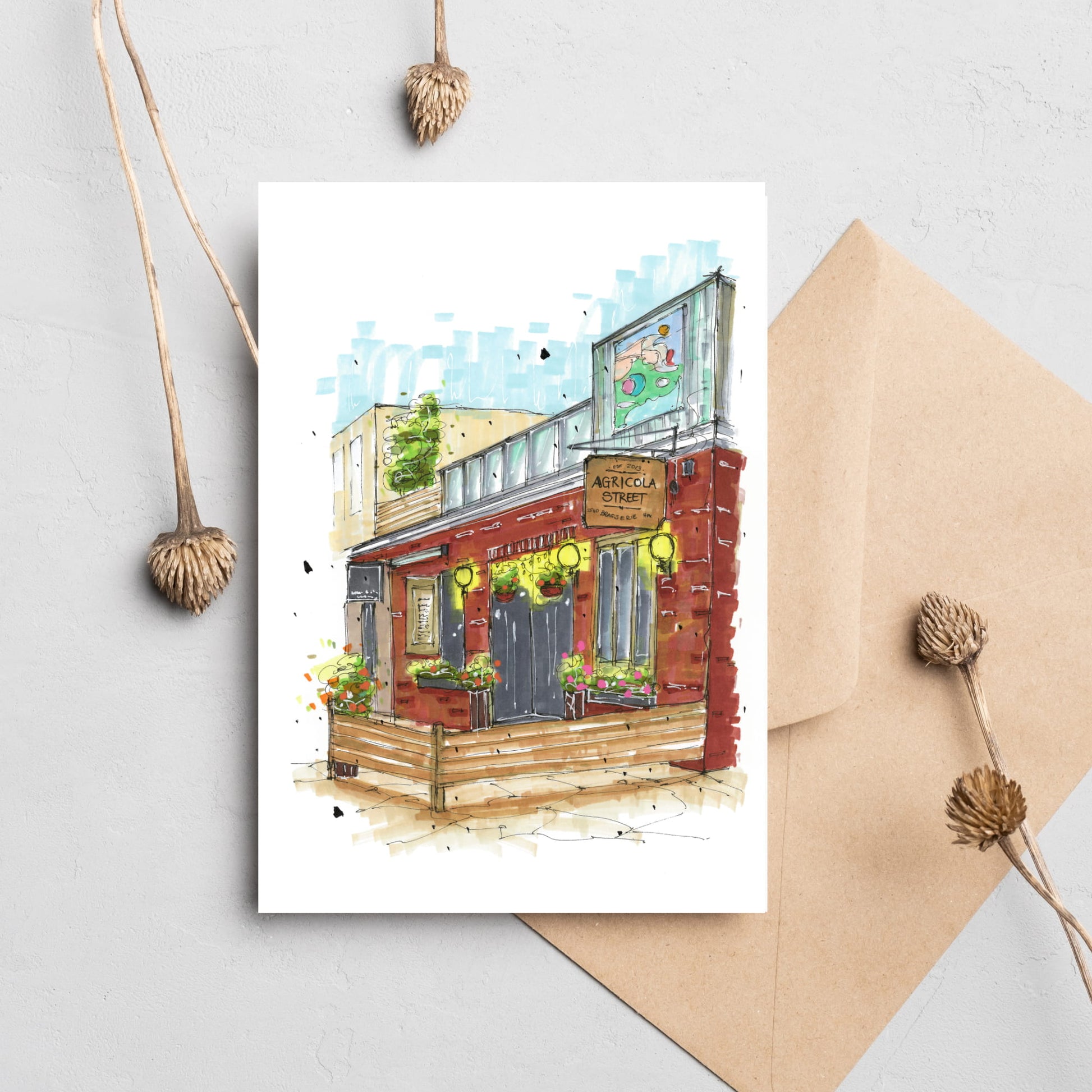 DTS0101 - Agricola Street Brasserie, Halifax, Nova Scotia, Urban Sketch, Greeting Card with Envelope, Downtown Sketcher, Wynand van Niekerk
