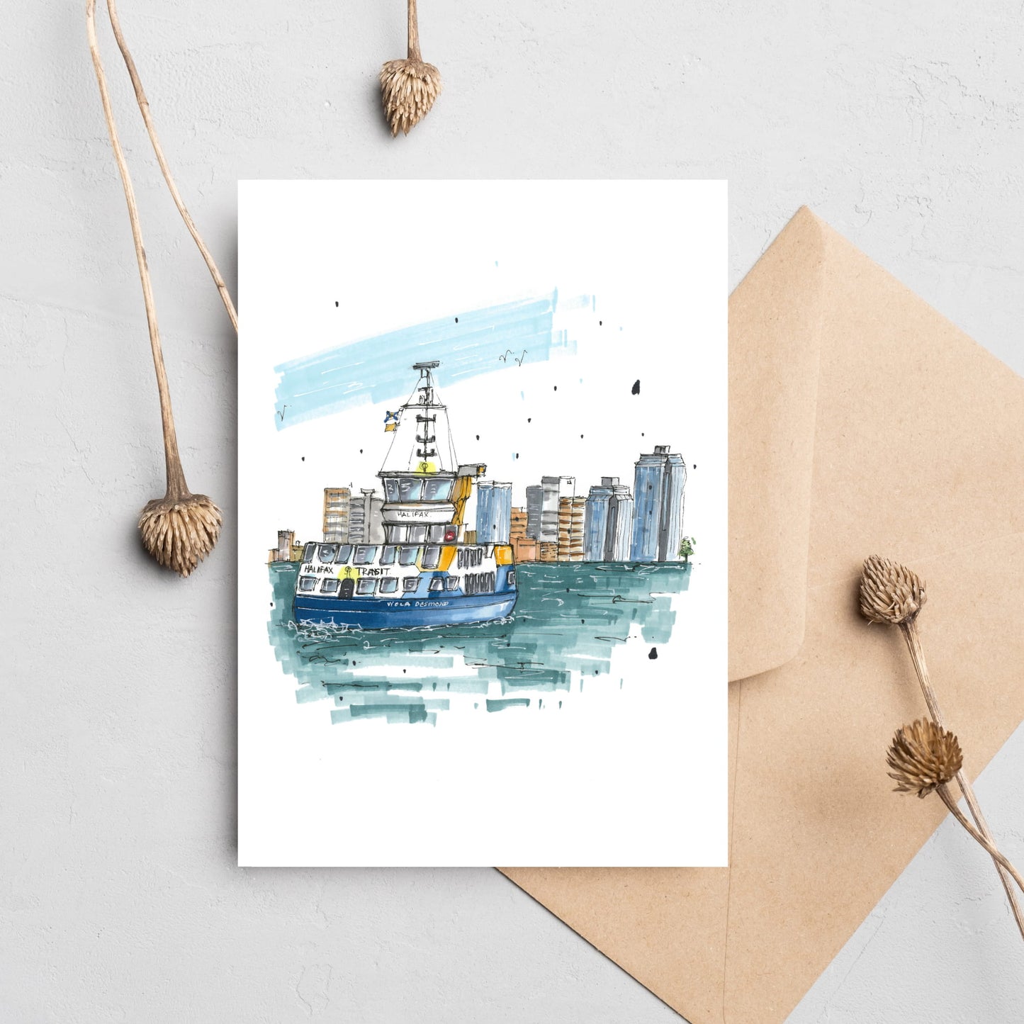DTS0105 - Halifax Ferry, Halifax, Nova Scotia, Urban Sketch, Greeting Card with Envelope, Downtown Sketcher, Wynand van Niekerk