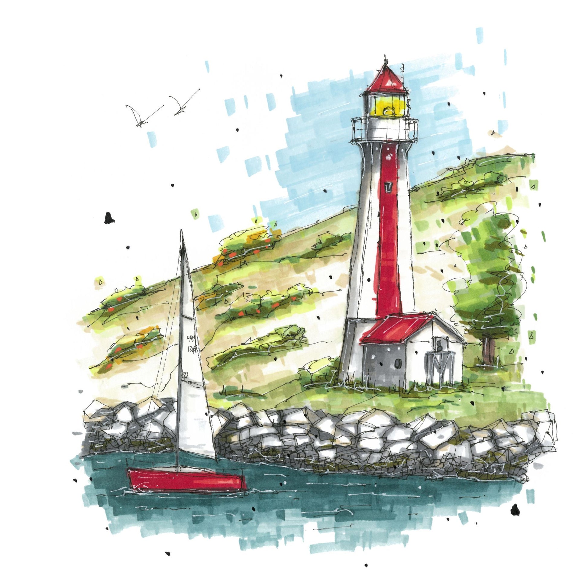 Georges Island Lighthouse, Terence Bay, Halifax, Print, Downtown Sketcher, Wynand van Niekerk