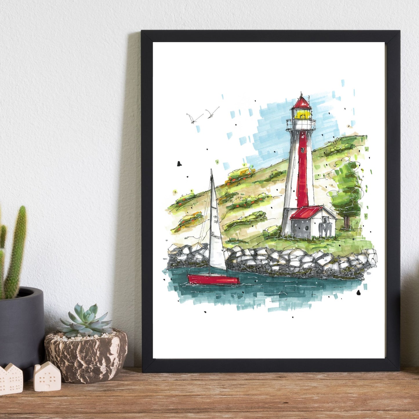 Georges Island Lighthouse, Terence Bay, Halifax, Print, Downtown Sketcher, Wynand van Niekerk