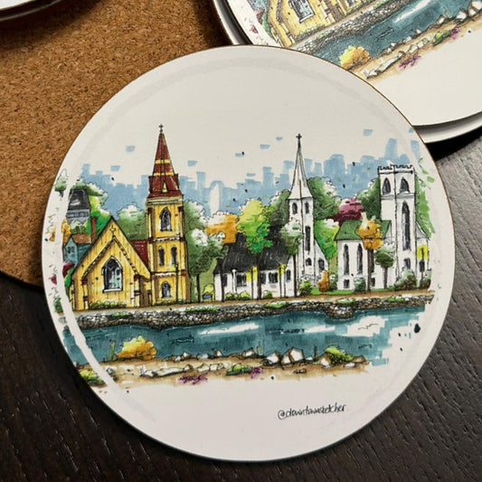 DTS0132 Three Churches Mahone Bay - Downtown Coasters by Downtown Sketcher