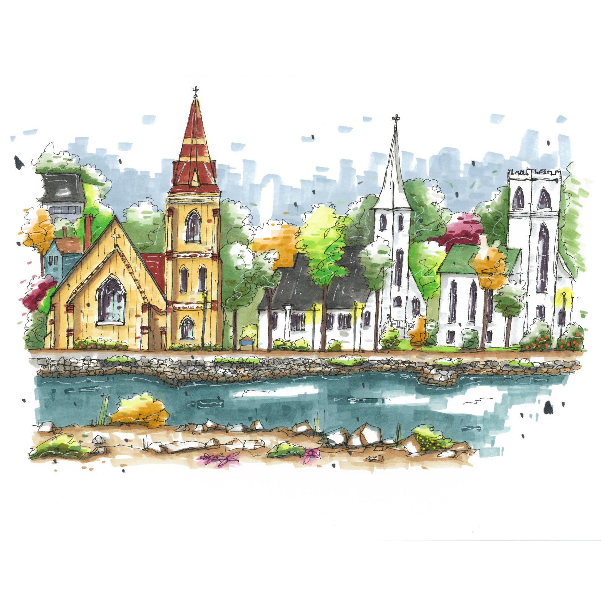 DTS0132 Three Churches Mahone Bay - Downtown Coasters by Downtown Sketcher