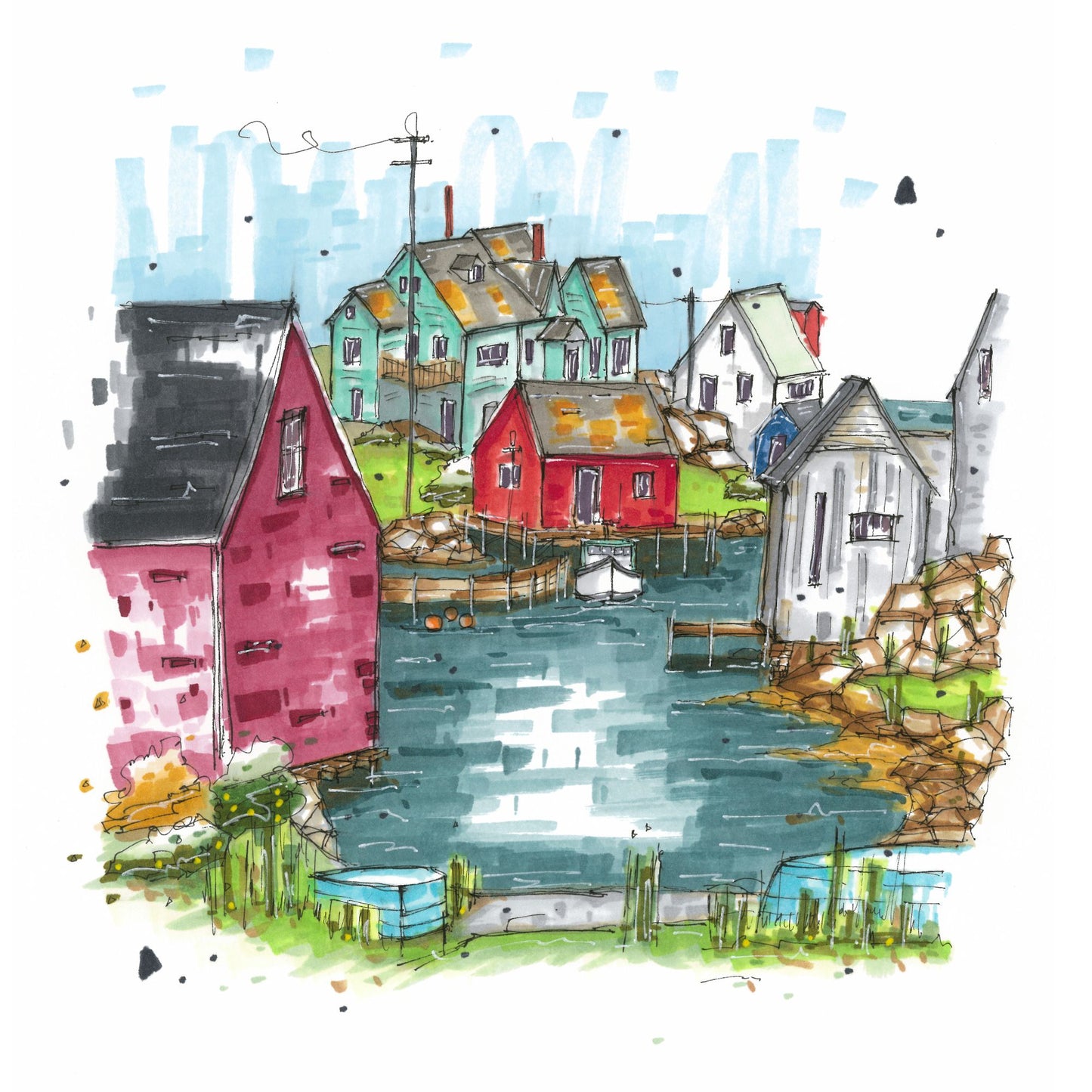 DTS0144 Peggy's Cove Fishing Village, Print, Downtown Sketcher, Wynand van Niekerk