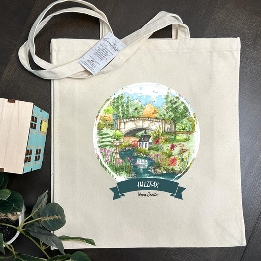 DTS0244 Miniature house, stream and bridge, Halifax Public Gardens - Tote Bag - Downtown Sketcher