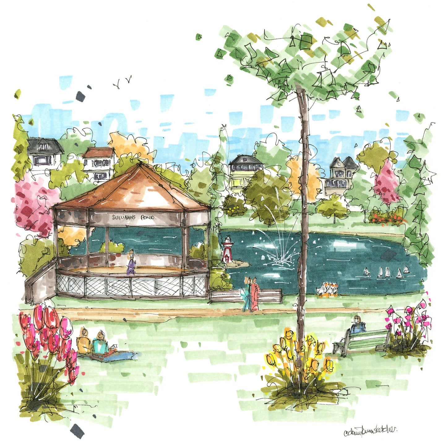 DTS0249 Sullivan's Pond, Dartmouth Greeting Card - Downtown Sketcher