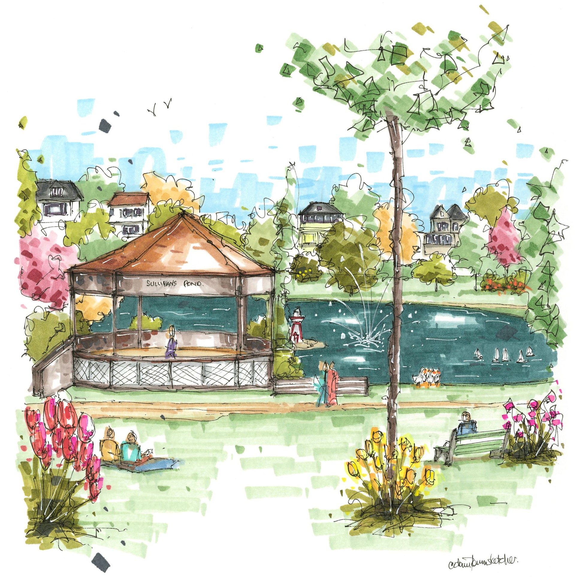 DTS0249 Sullivan's Pond, Dartmouth Greeting Card - Downtown Sketcher