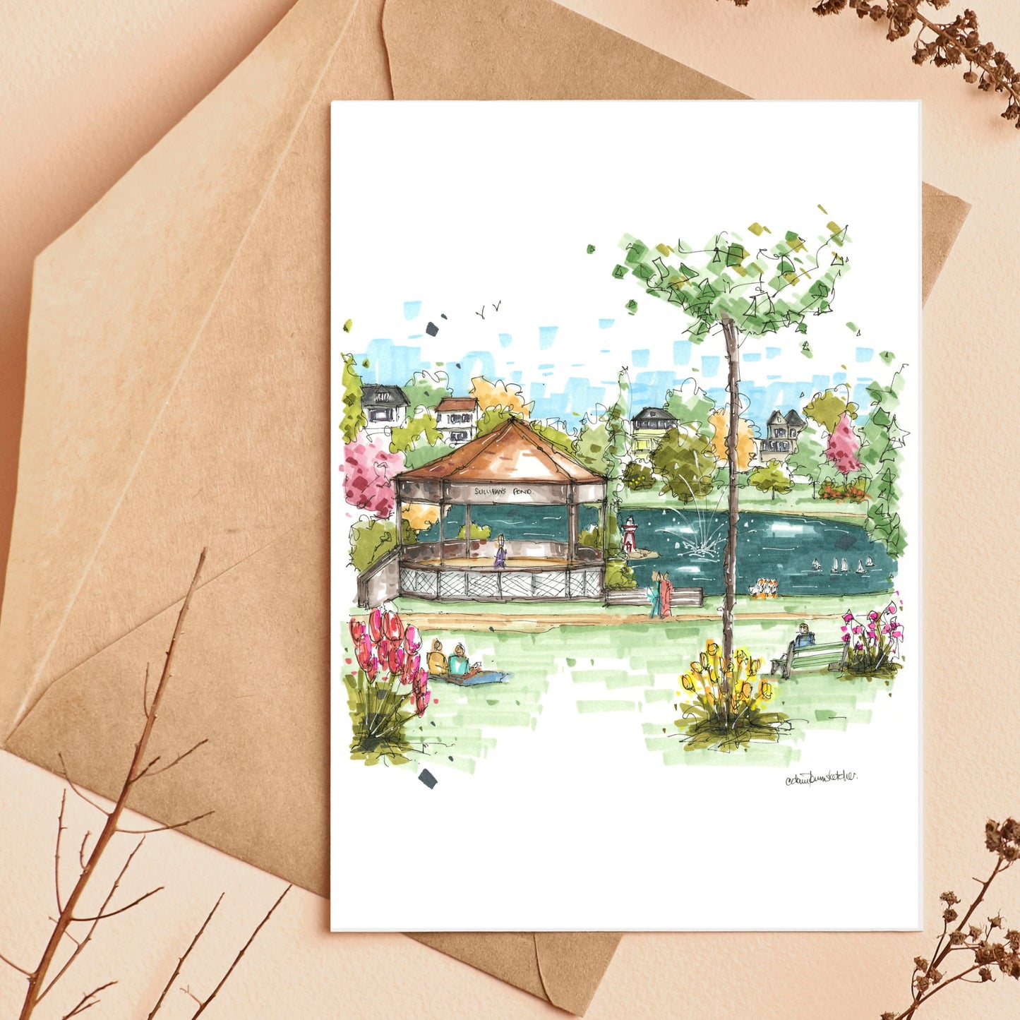 DTS0249 Sullivan's Pond, Dartmouth Greeting Card - Downtown Sketcher