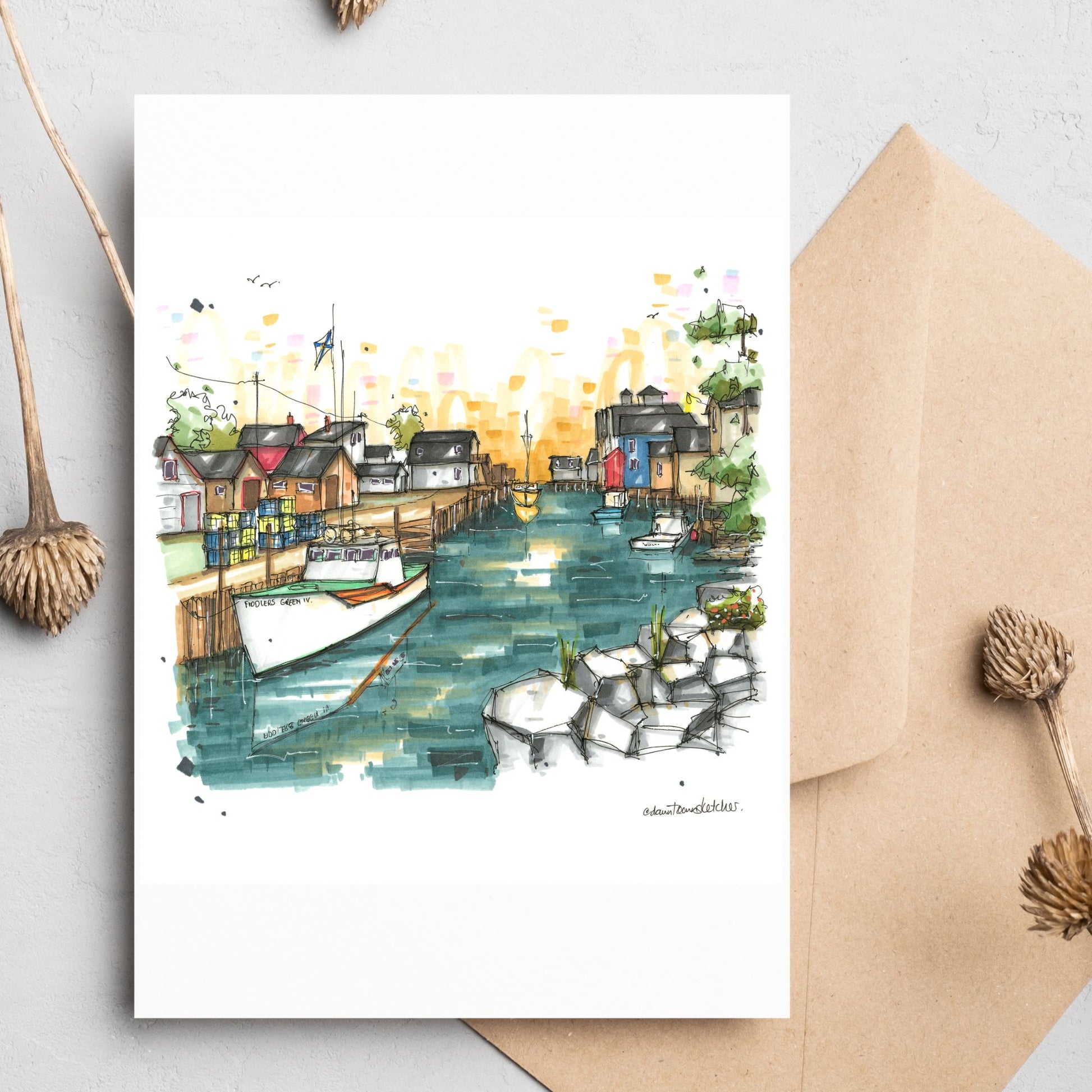 DTS0275 Fishersman's Cove and Fiddlers Green IV Greeting Card - Downtown Sketcher