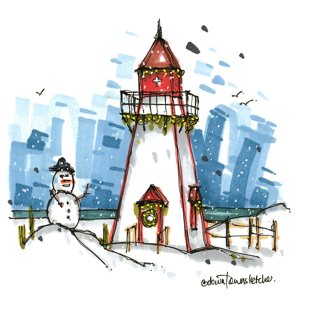 Snowman at Victoria Range Light & Seaport Museum, Prince Edward Island - Christmas Card