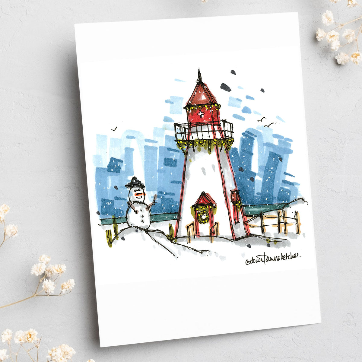 Snowman at Victoria Range Light & Seaport Museum, Prince Edward Island - Christmas Card