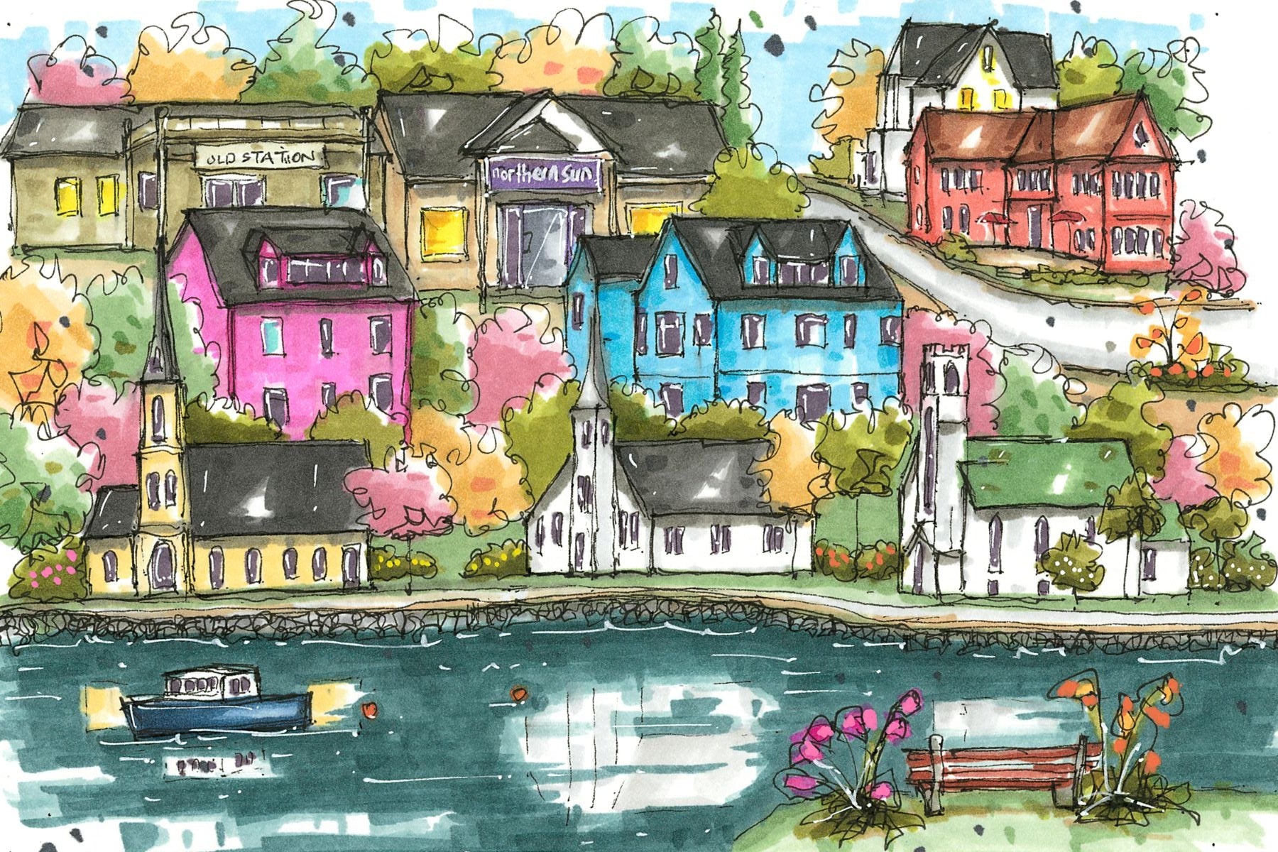 DTSP009 Mahone Bay, Nova Scotia - Mini Luxury Puzzle - Downtown Sketcher