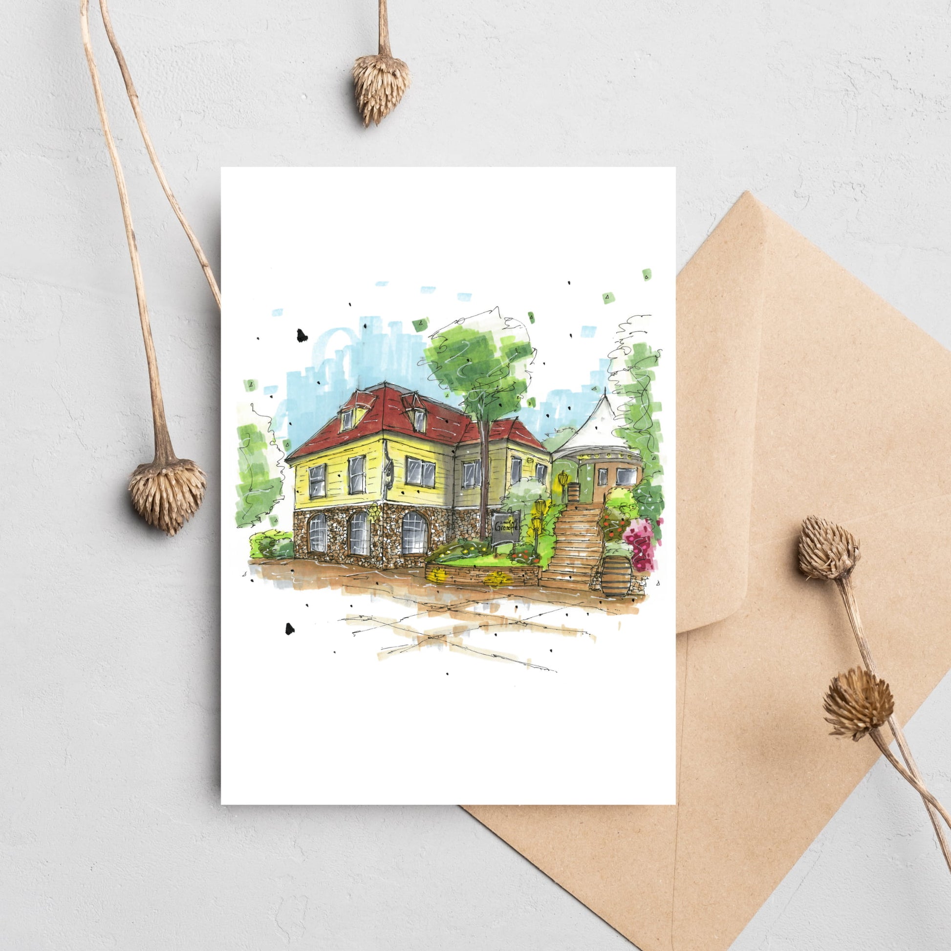Domaine de Grand Pré Wines, Wolfville, Urban Sketch, Greeting Card with  Craft Envelope, Downtown Sketcher, Wynand van Niekerk