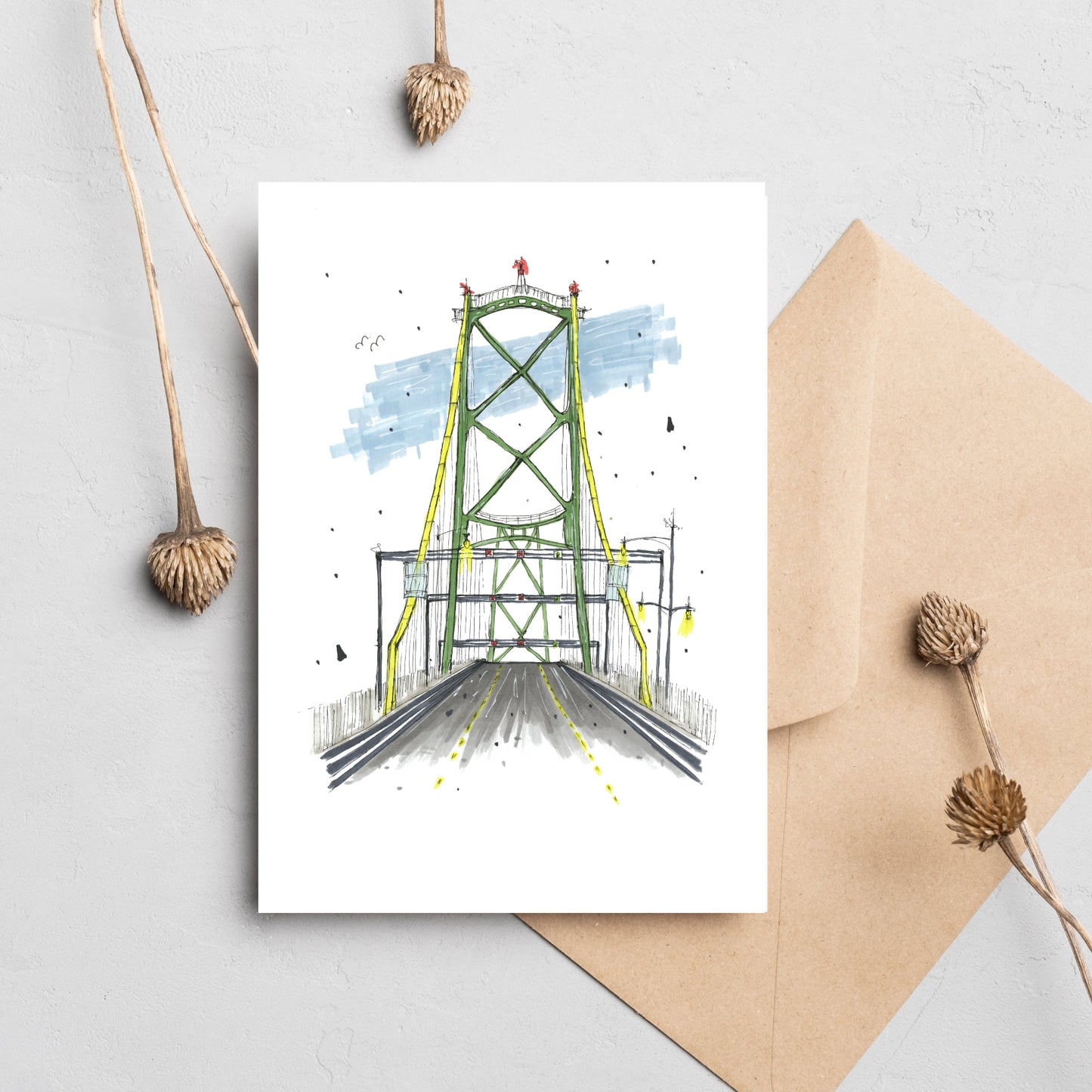 Driving the MacDonald Bridge, Halifax, Nova Scotia, Greeting Card, Downtownsketcher, Wynand van Niekerk, DTS0061