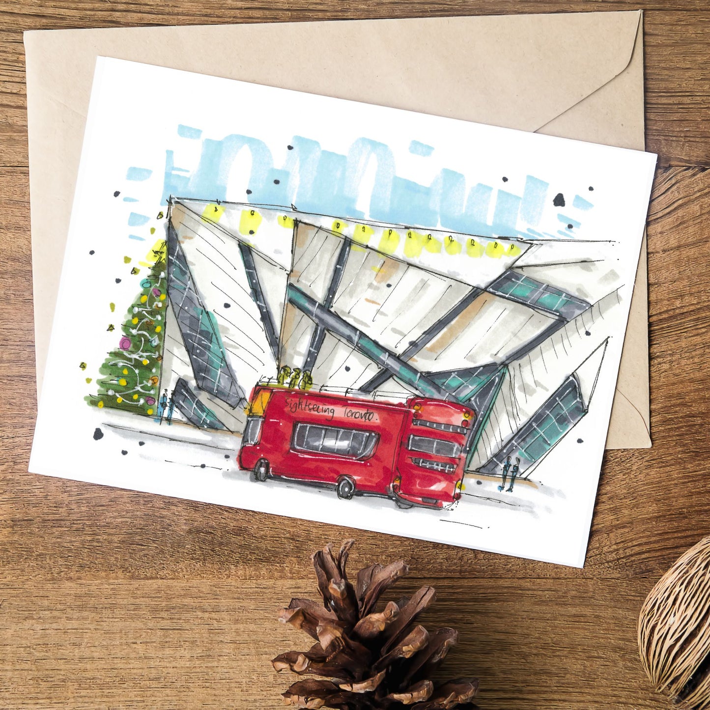 Elves Sightseeing at the Royal Ontario Museum, Toronto, Christmas Card - Downtown Sketcher