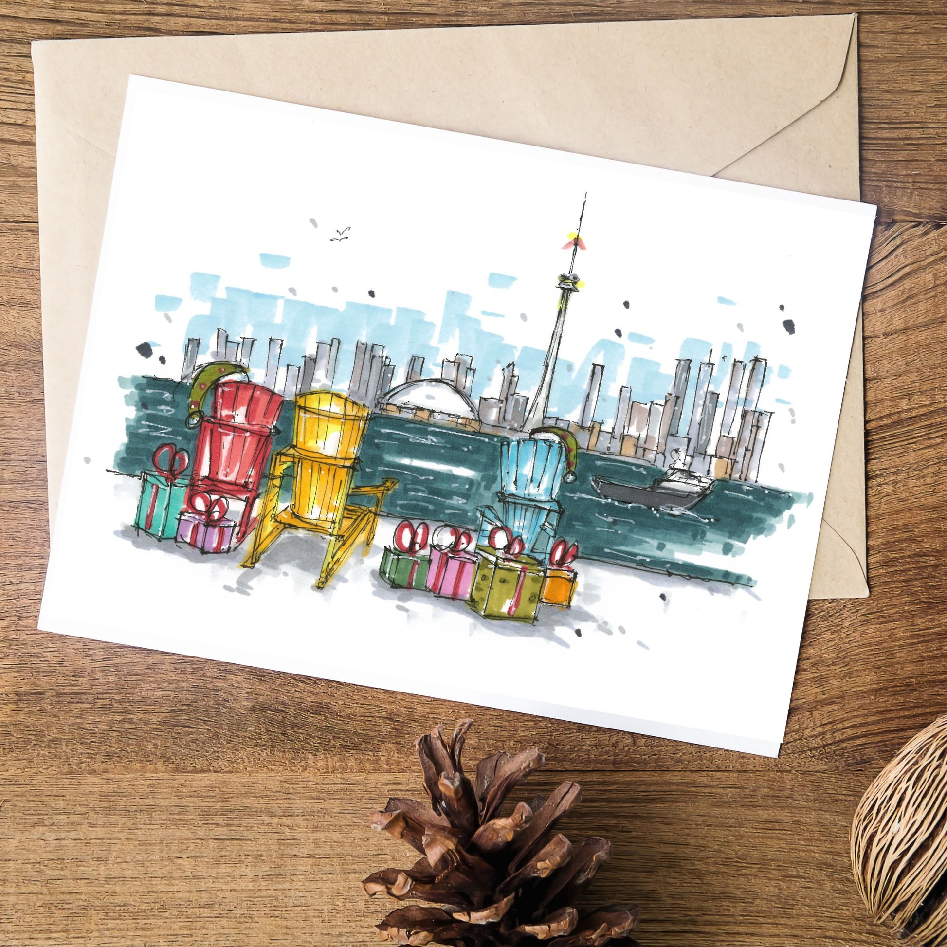 Elves taking in the views from the Toronto Islands Christmas Card - Downtown Sketcher