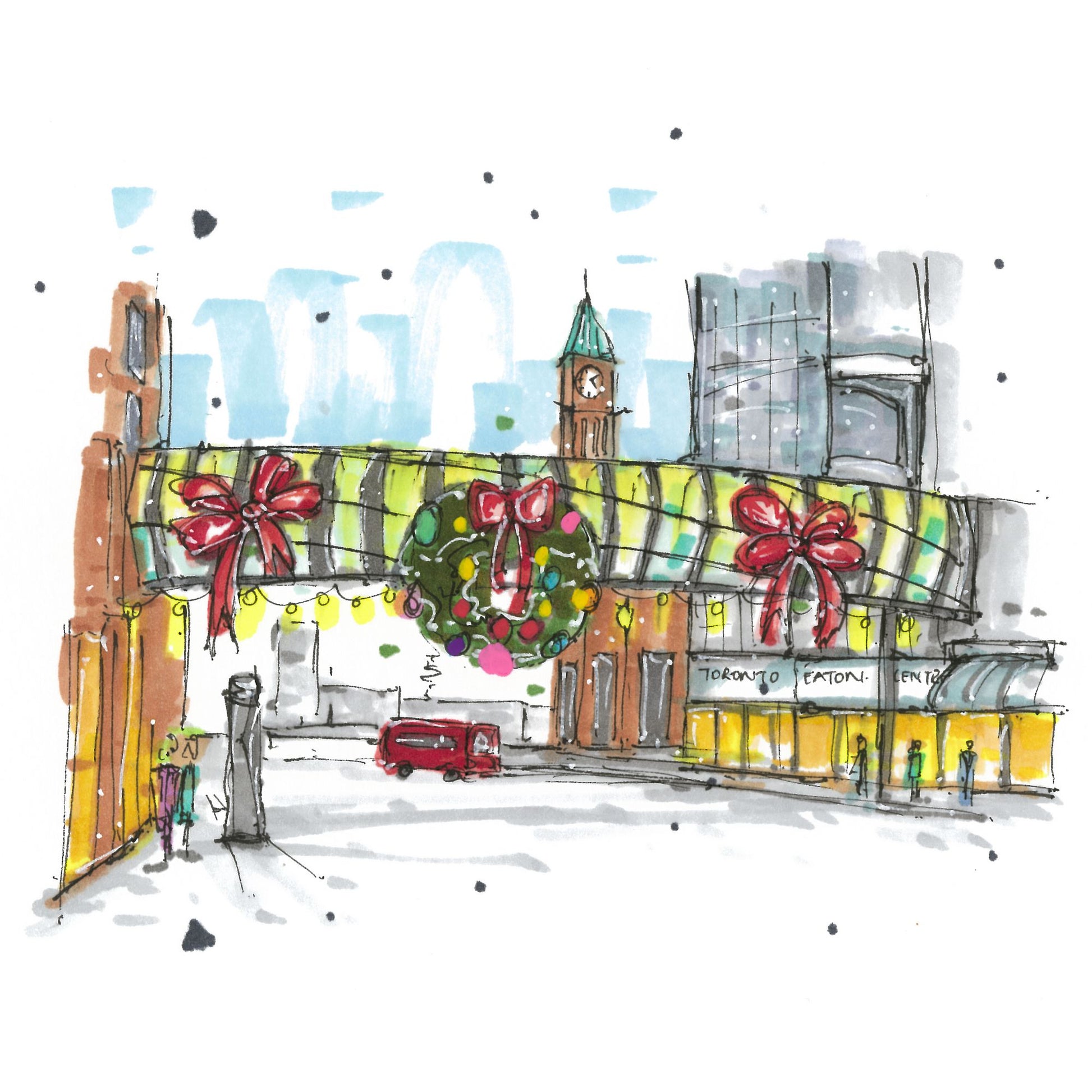 Festive Rudy Adlaf Bridge at Toronto Eaton Centre, Christmas Card - Downtown Sketcher