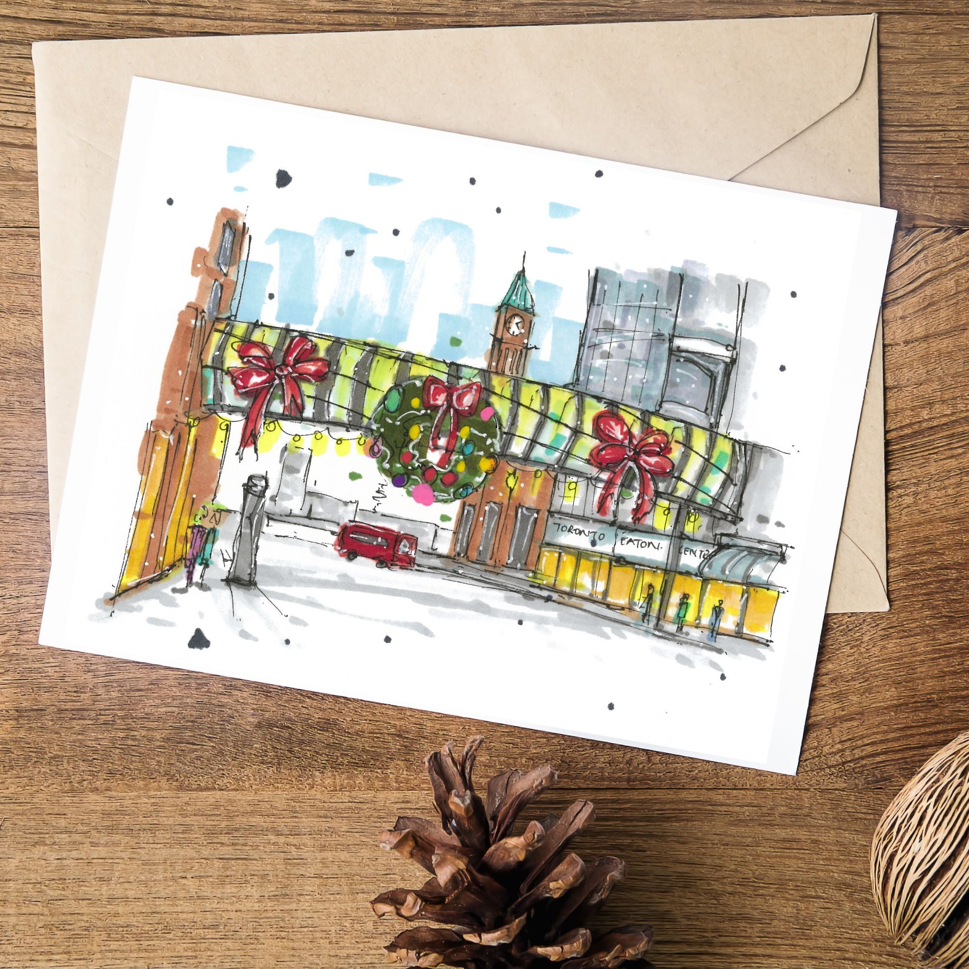 Festive Rudy Adlaf Bridge at Toronto Eaton Centre, Christmas Card - Downtown Sketcher