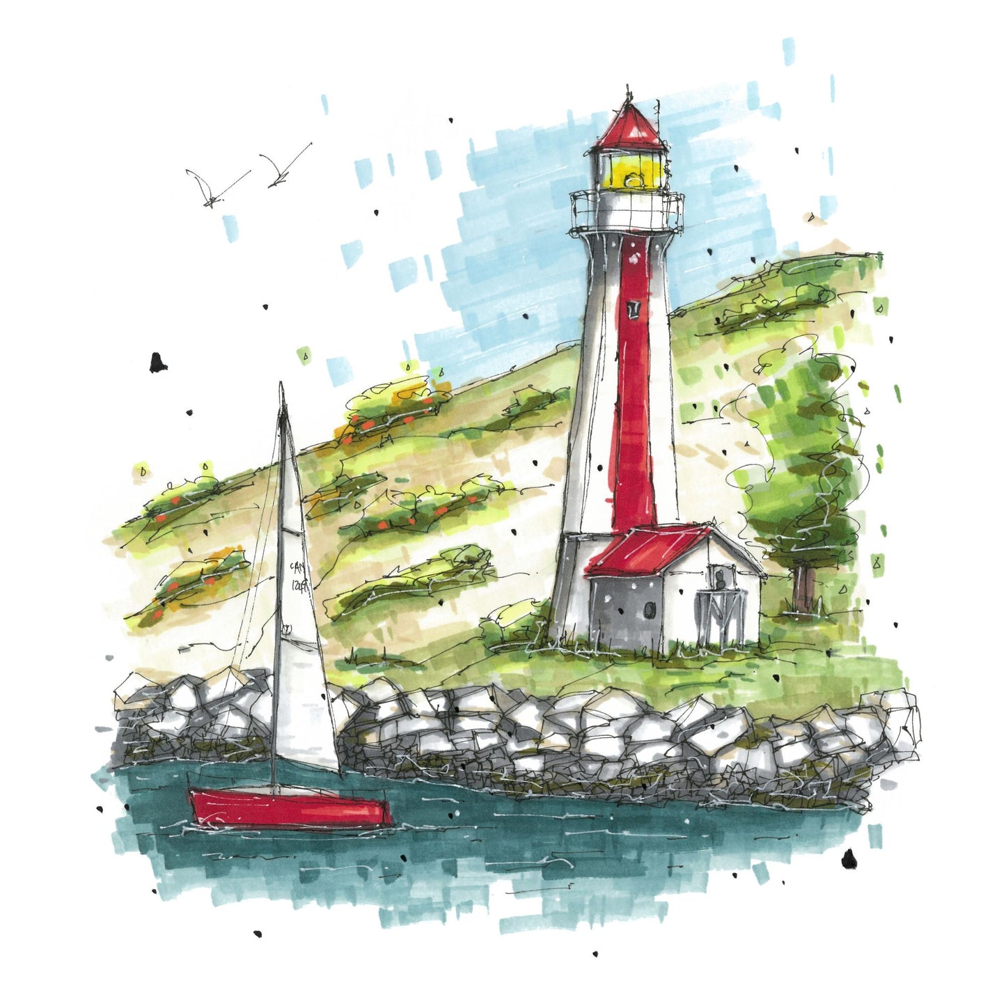 Georges Island Lighthouse, Terence Bay, Halifax, Nova Scotia, Greeting Card, Urban Sketch, Greeting Card with  Craft Envelope, Downtown Sketcher, Wynand van Niekerk