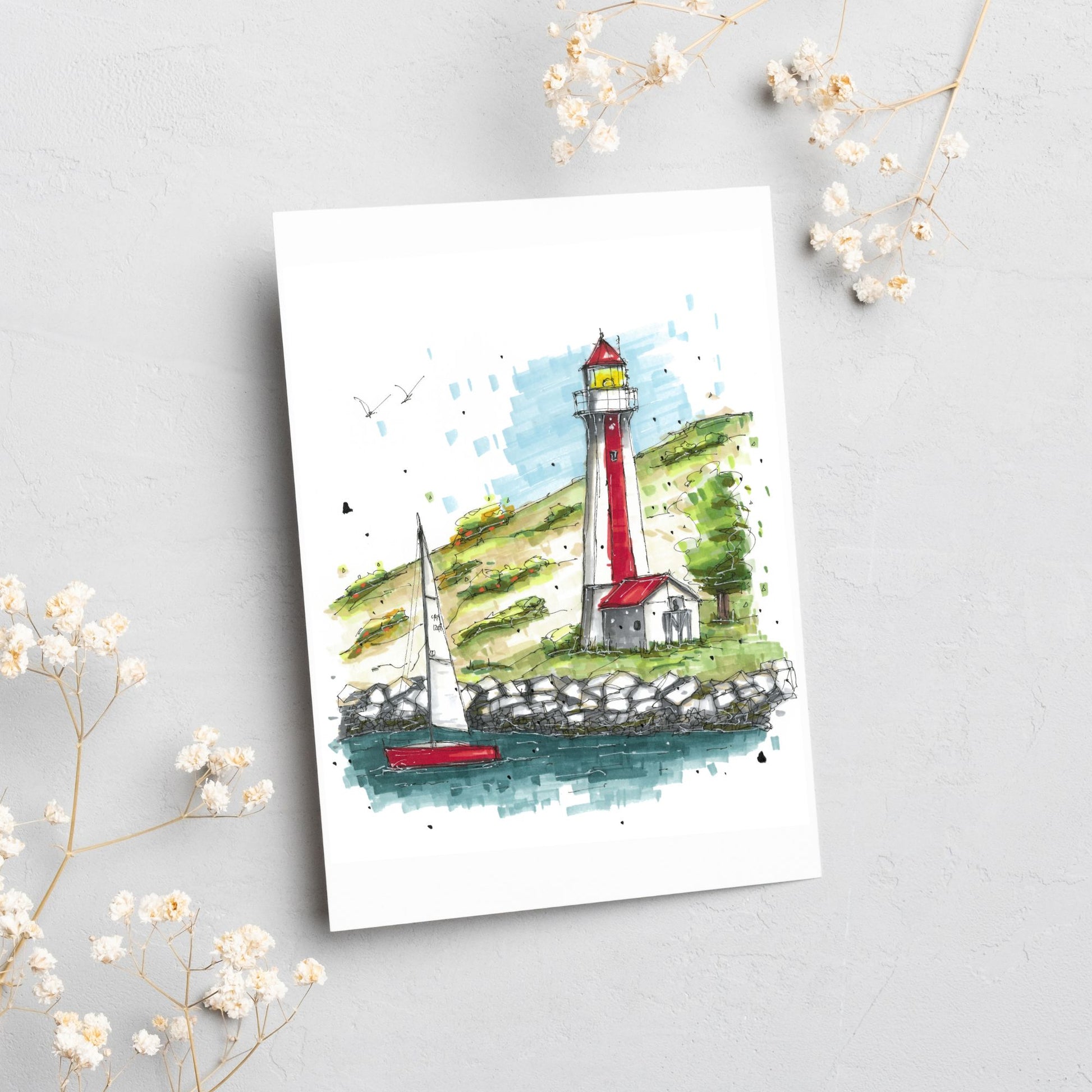 Georges Island Lighthouse, Terence Bay, Halifax, Nova Scotia, Greeting Card, Urban Sketch, Greeting Card with  Craft Envelope, Downtown Sketcher, Wynand van Niekerk