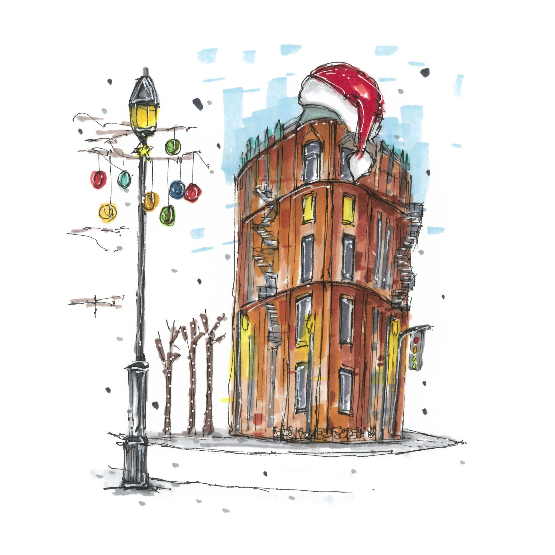 Gooderham Building with Santa hat Christmas Card - Downtown Sketcher