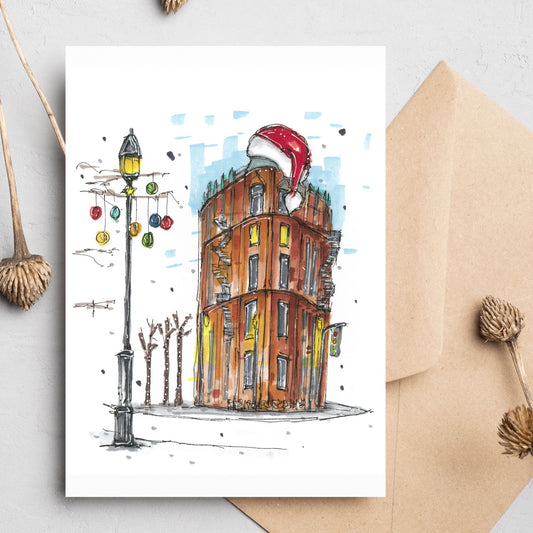 Gooderham Building with Santa hat Christmas Card - Downtown Sketcher