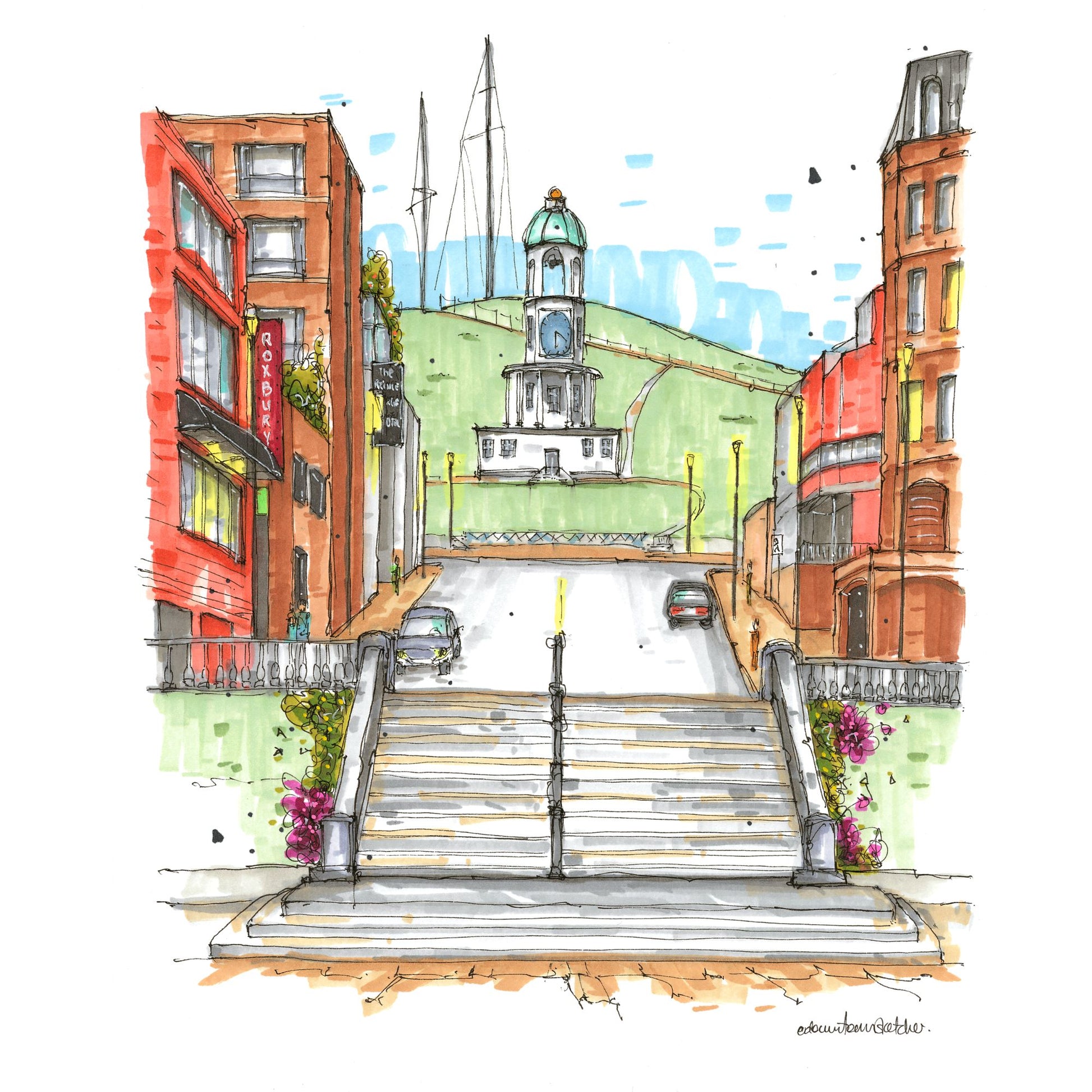 Grand Parade view to the Citadel Clock Tower, Halifax - Downtown Sketcher, Greeting Card - Downtown Sketcher