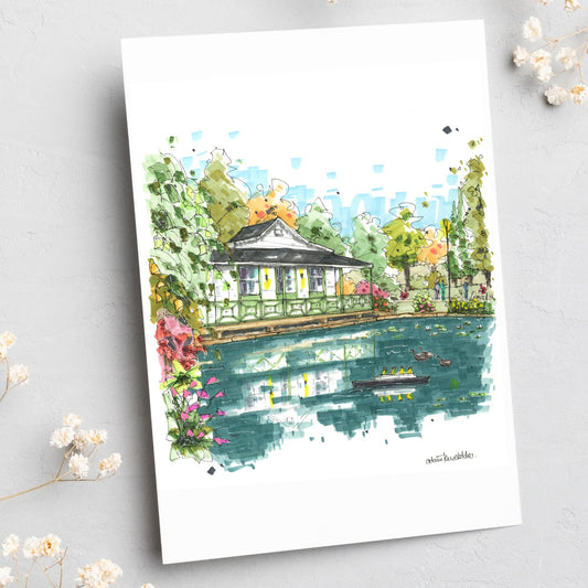 Griffin's Pond and model Titanic, Halifax Public Gardens, Greeting Card - Downtown Sketcher