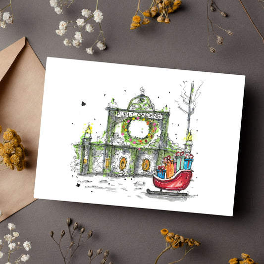 Halifax Public Gardens with gift sleigh, Halifax, Nova Scotia, Christmas Sketch, Christmas Card with Envelope, Downtown Sketcher, Wynand van Niekerk, DTS0090
