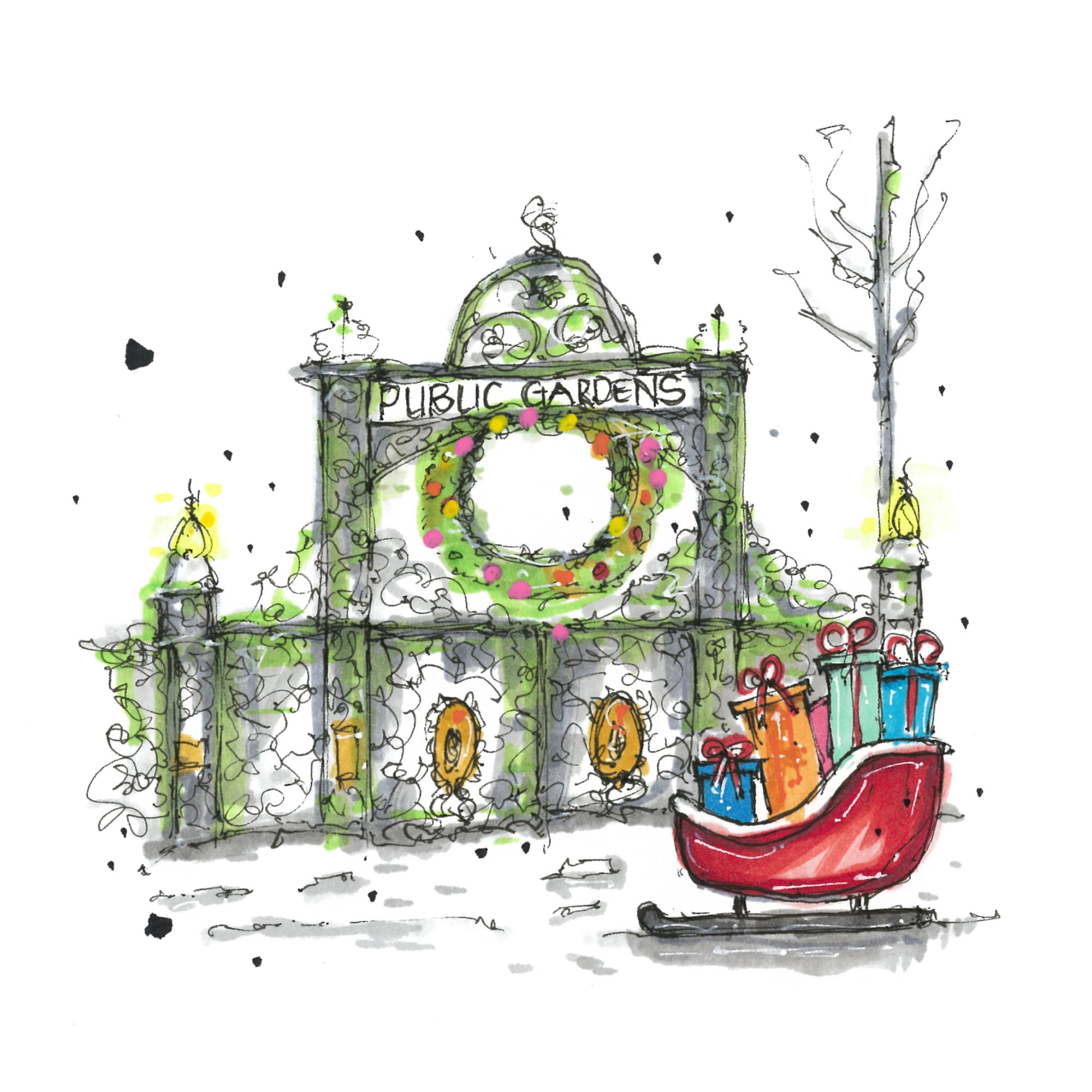 Halifax Public Gardens with gift sleigh, Halifax, Nova Scotia, Christmas Sketch, Christmas Card with Envelope, Downtown Sketcher, Wynand van Niekerk, DTS0090