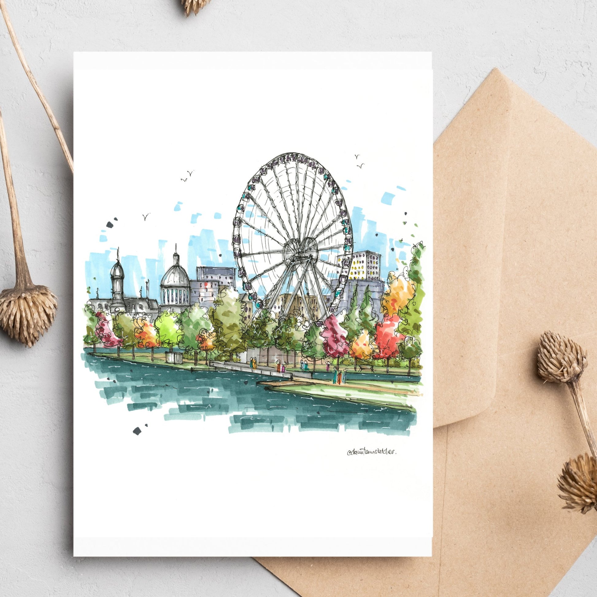 La Grande Roue de Montréal & Marché Bonsecours - Greeting Card - Downtown Sketcher