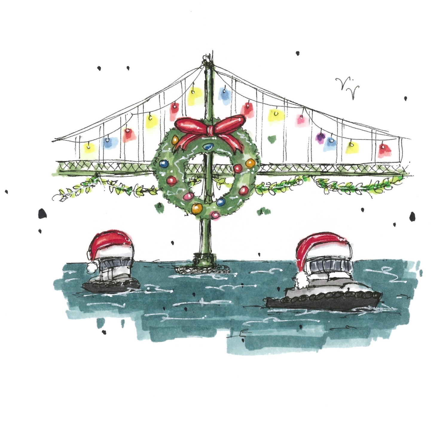 Macdonald Bridge Christmas Hat Tug Boats -  Nova Scotia Greeting Card Downtownsketcher Wynand van Niekerk DTS0078