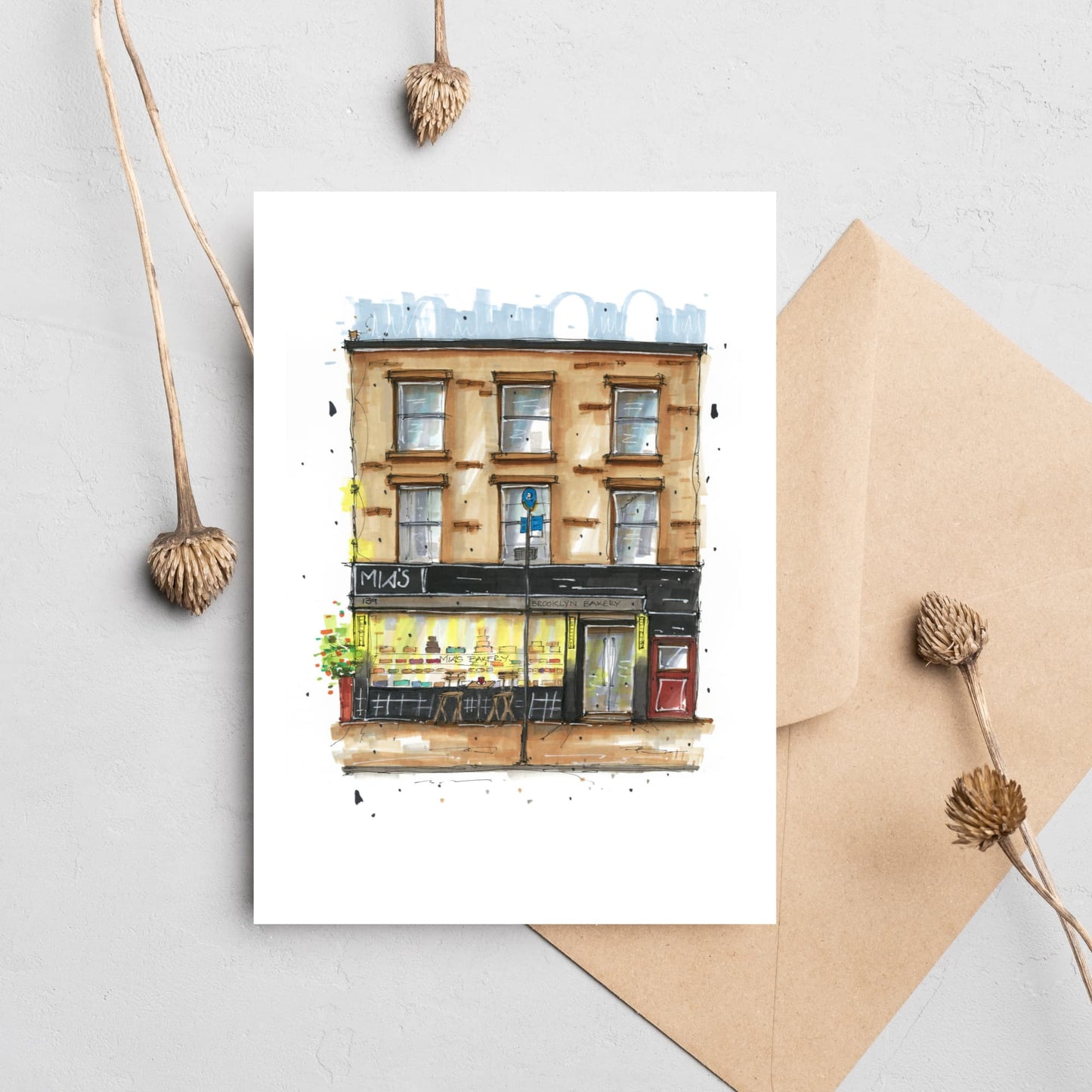 Mia's Brooklyn Bakery, Greeting Card, Downtownsketcher, Wynand van Niekerk, DTS0069