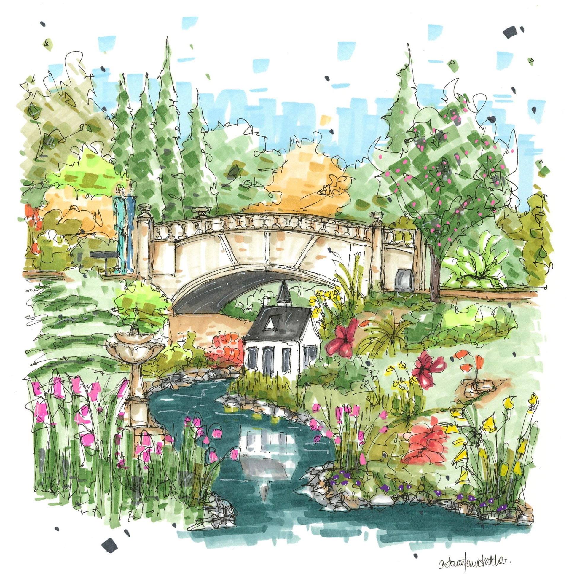 DTS0244 Miniature house, stream and bridge, Halifax Public Gardens - Magnet - Downtown Sketcher