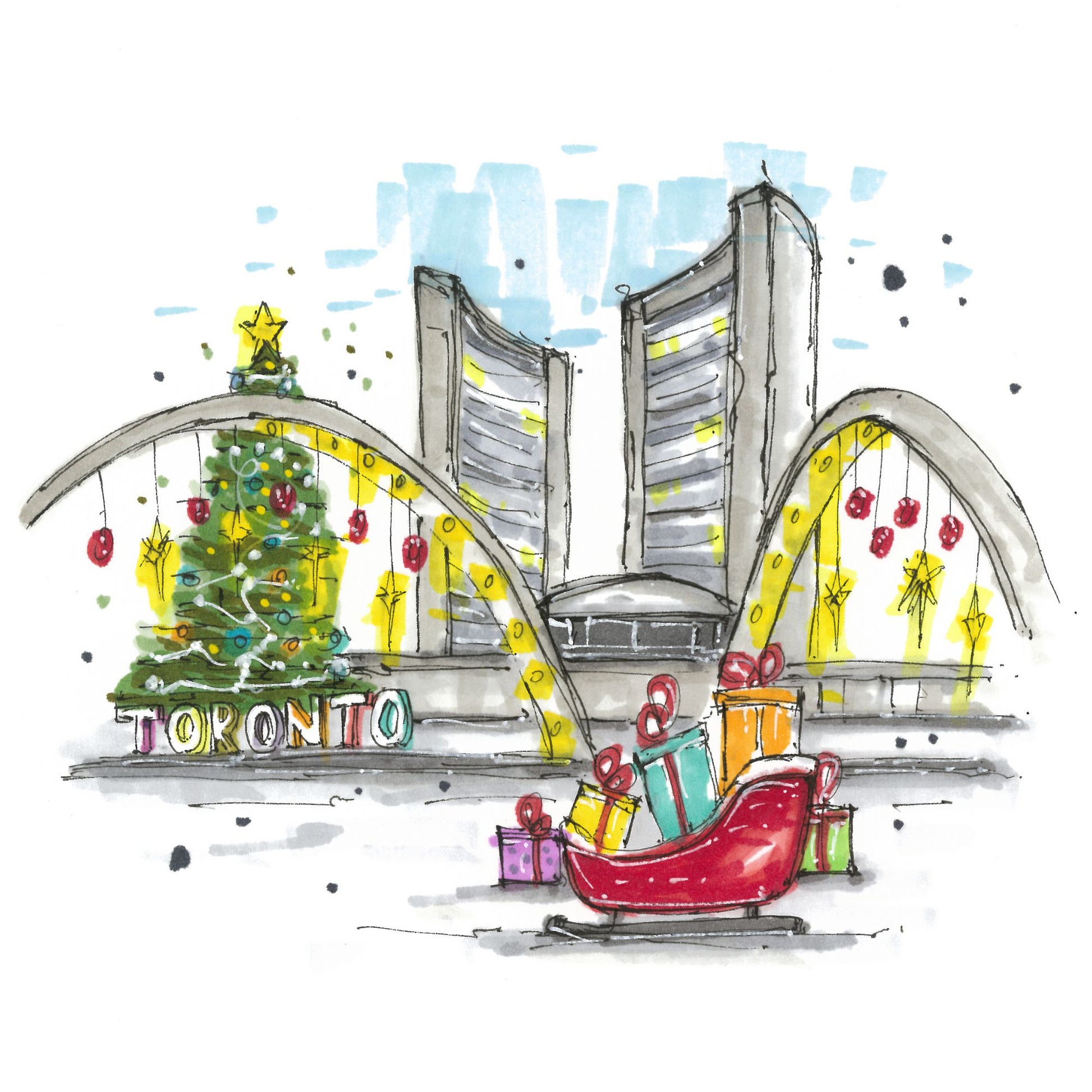 Nathan Phillips Square Toronto Gift Sleigh, Christmas Card - Downtown Sketcher