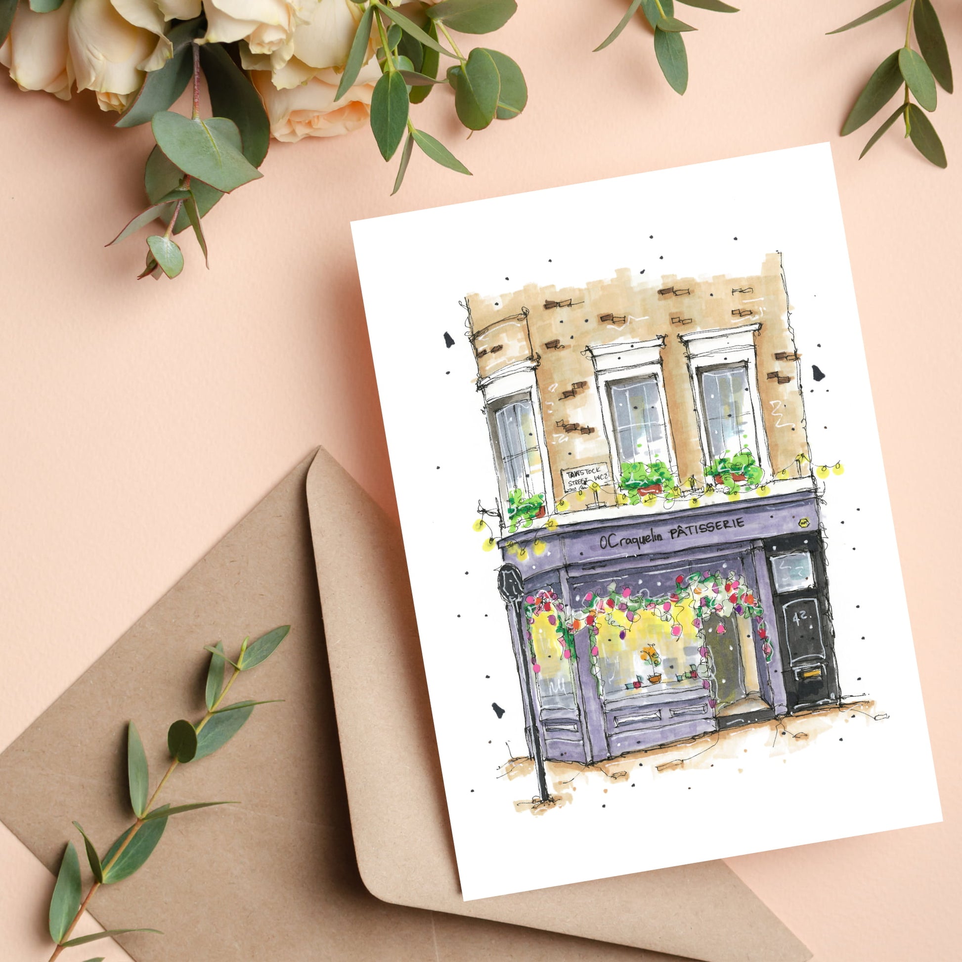 OCraquelin Patisserie, London, United Kingdom, Greeting Card, Downtownsketcher, Wynand van Niekerk,  DTS0047