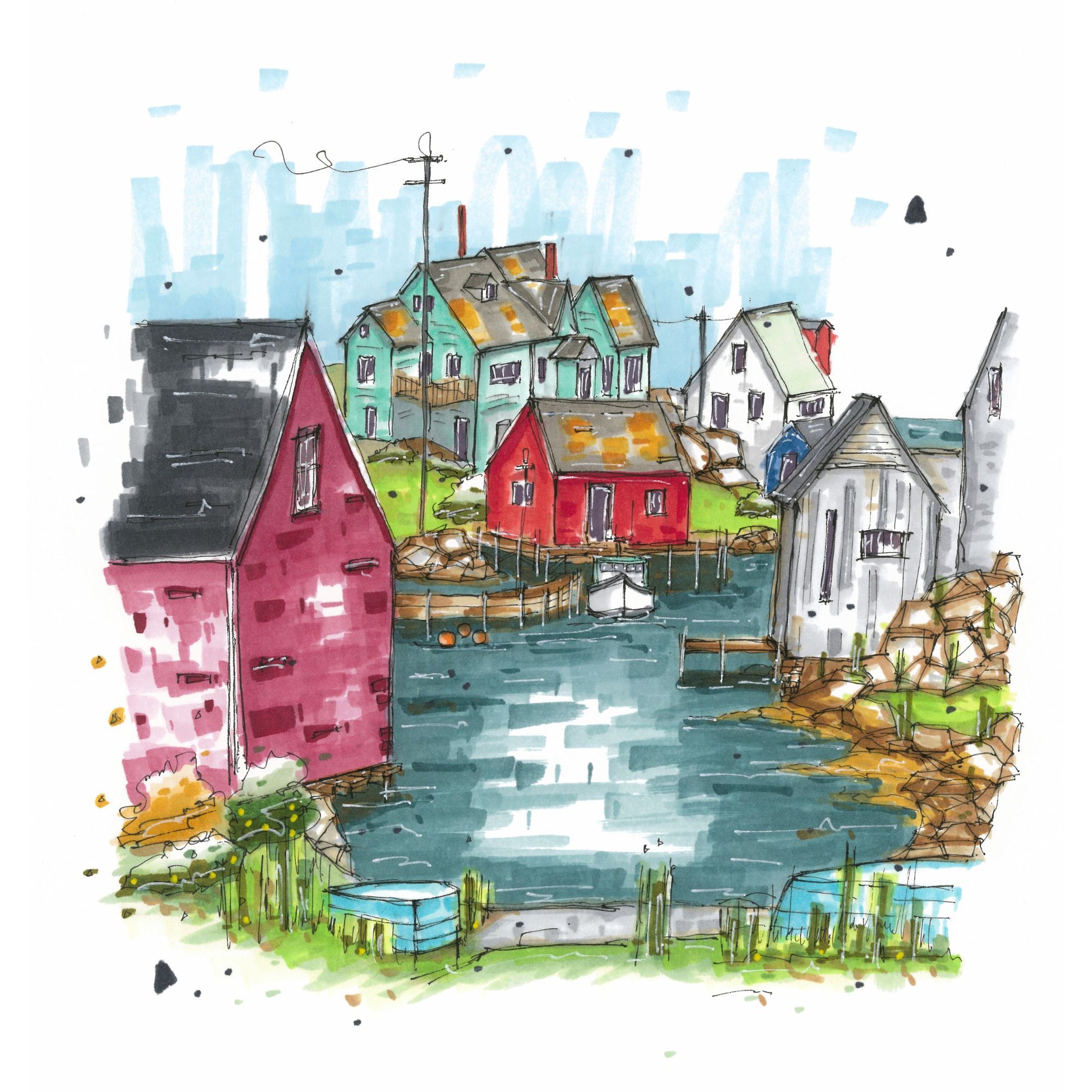 _Peggy's Cove Fishing Village, Greeting Card, Urban Sketch, Greeting Card, Downtown Sketcher, Wynand van Niekerk