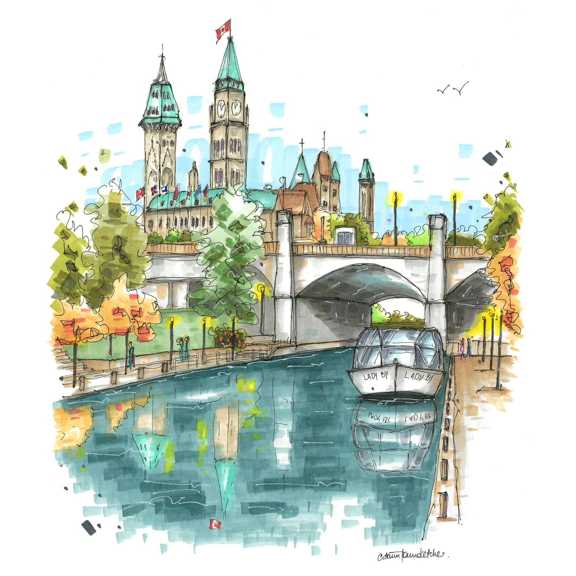 Rideau canal and the Parliament building, Ottawa, Greeting Card - Downtown Sketcher