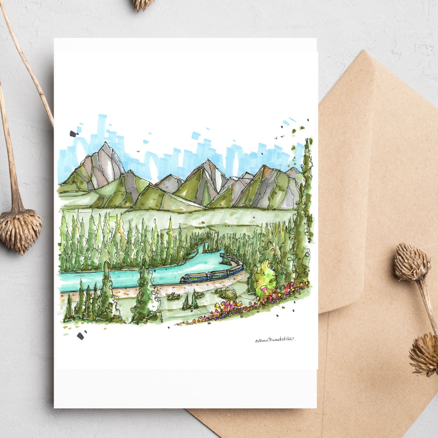 Rocky Mountaineer at Morant's Curve, Banff National Park - Greeting Card - Downtown Sketcher