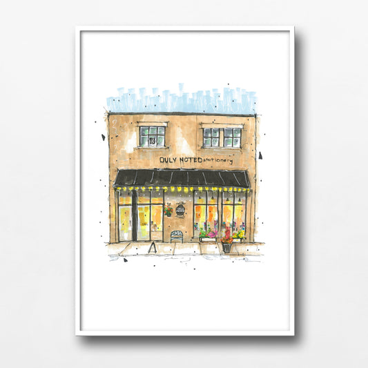 DTS0039 - Duly Noted Stationary, Halifax, Storefront Print, White and Brown, Architectural Sketch, Corner Shop, Art print, Downtown Sketcher, Wynand van Niekerk 