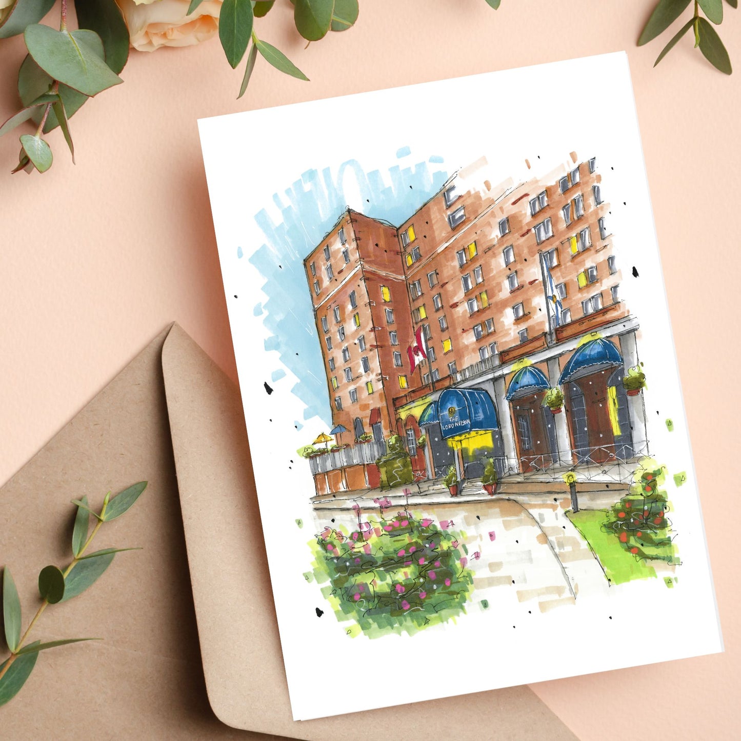 The Lord Nelson Hotel, Halifax, Nova Scotia, Greeting Card, Urban Sketch, Greeting Card with  Craft Envelope, Downtown Sketcher, Wynand van Niekerk