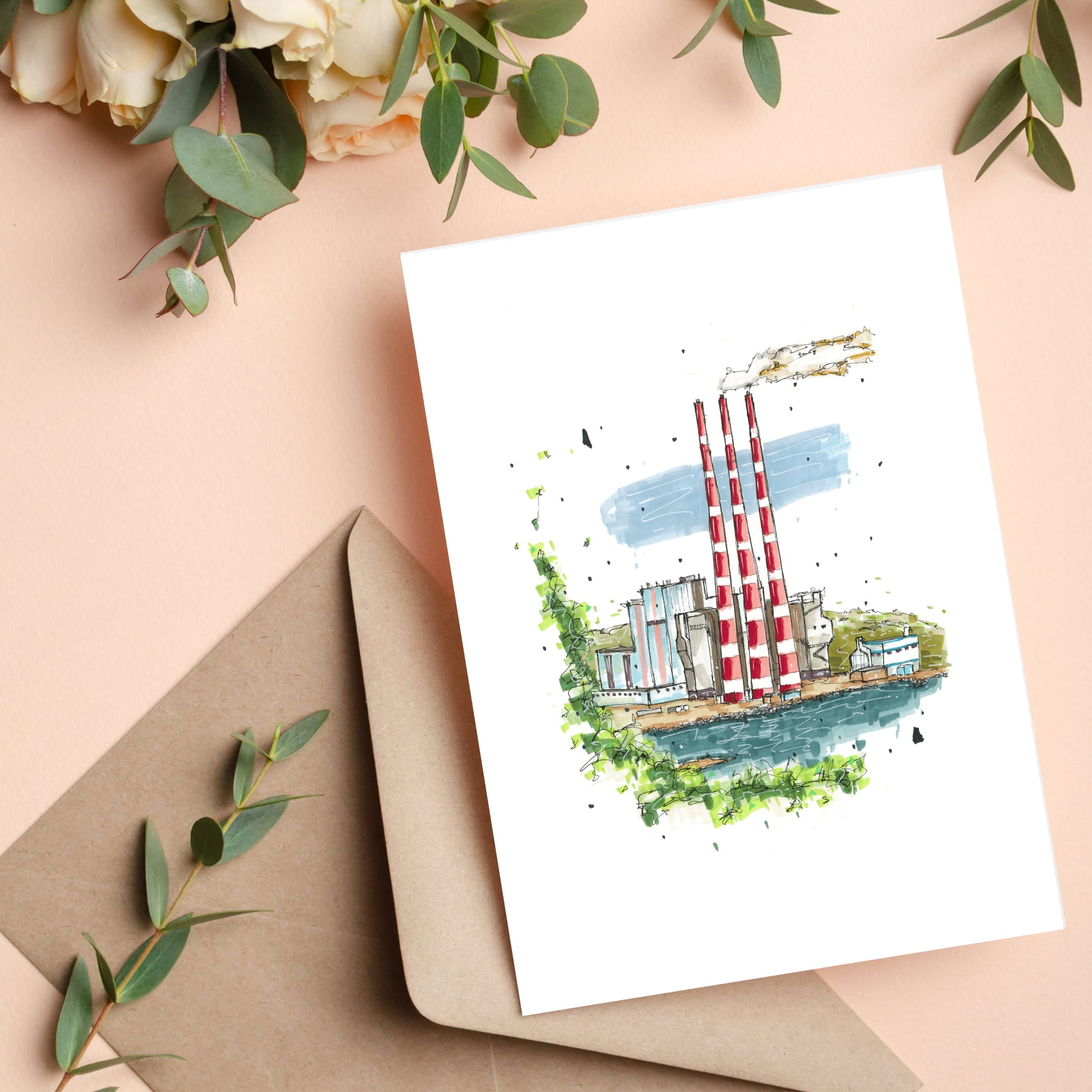 Tufts Cove Generating Station in Colour, Dartmouth, Nova Scotia, Greeting Card, Downtownsketcher, Wynand van Niekerk, DTS0062