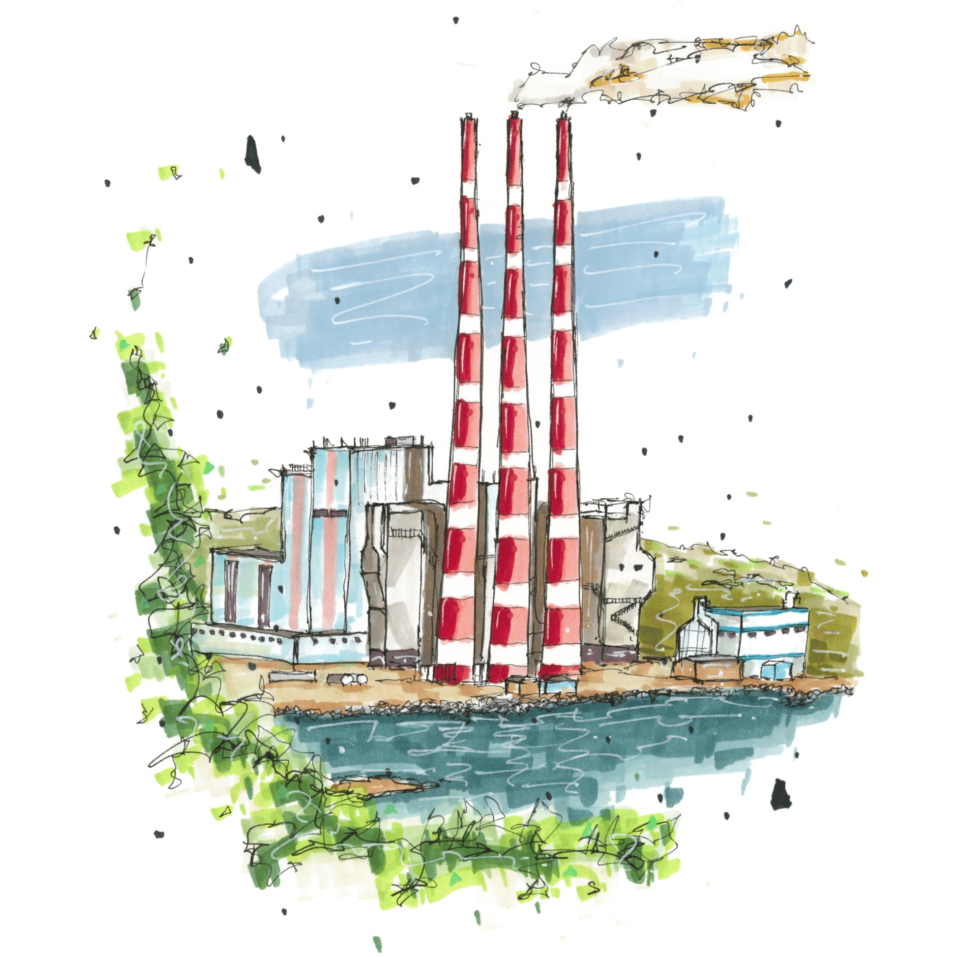 Tufts Cove Generating Station in Colour, Dartmouth, Nova Scotia, Greeting Card, Downtownsketcher, Wynand van Niekerk, DTS0062