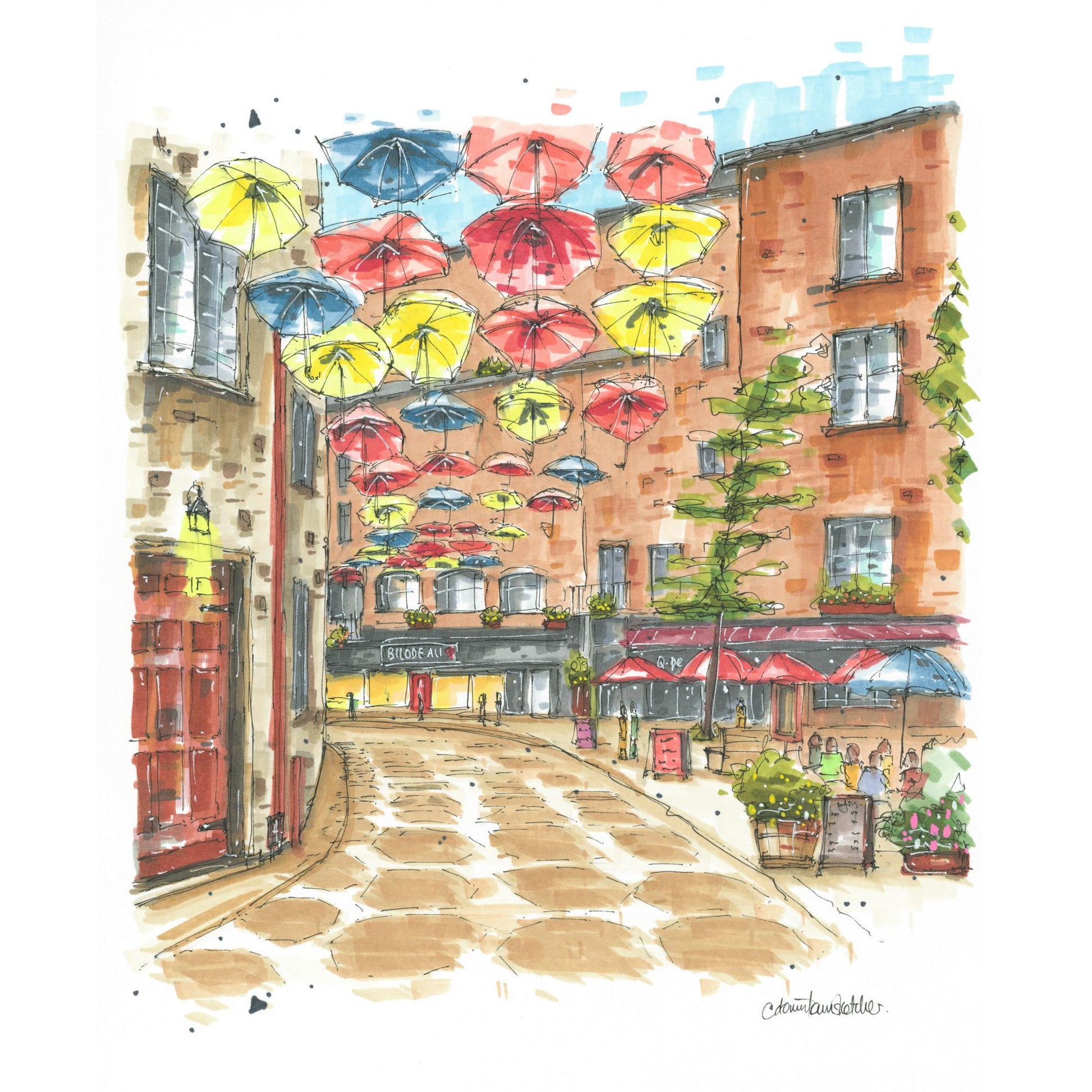 Umbrella Alley, Quebec City Greeting Card - Downtown Sketcher