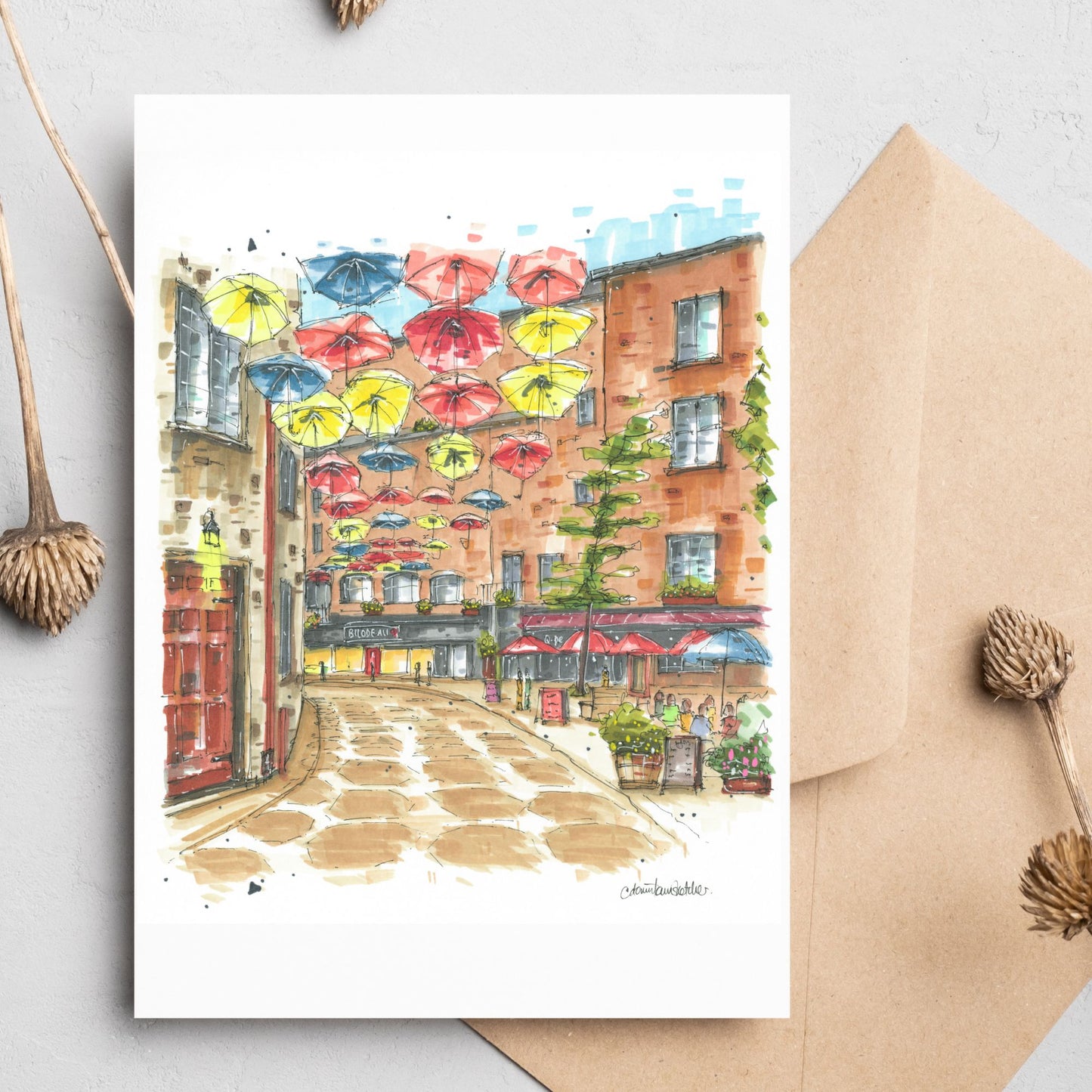 Umbrella Alley, Quebec City Greeting Card - Downtown Sketcher